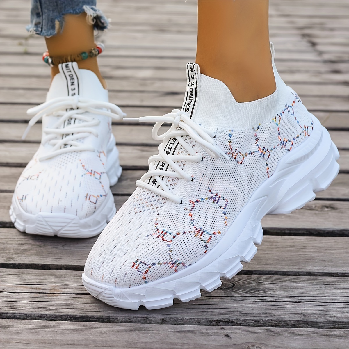 womens knitted running sneakers breathable lace up low top walking trainers casual outdoor sports shoes details 12
