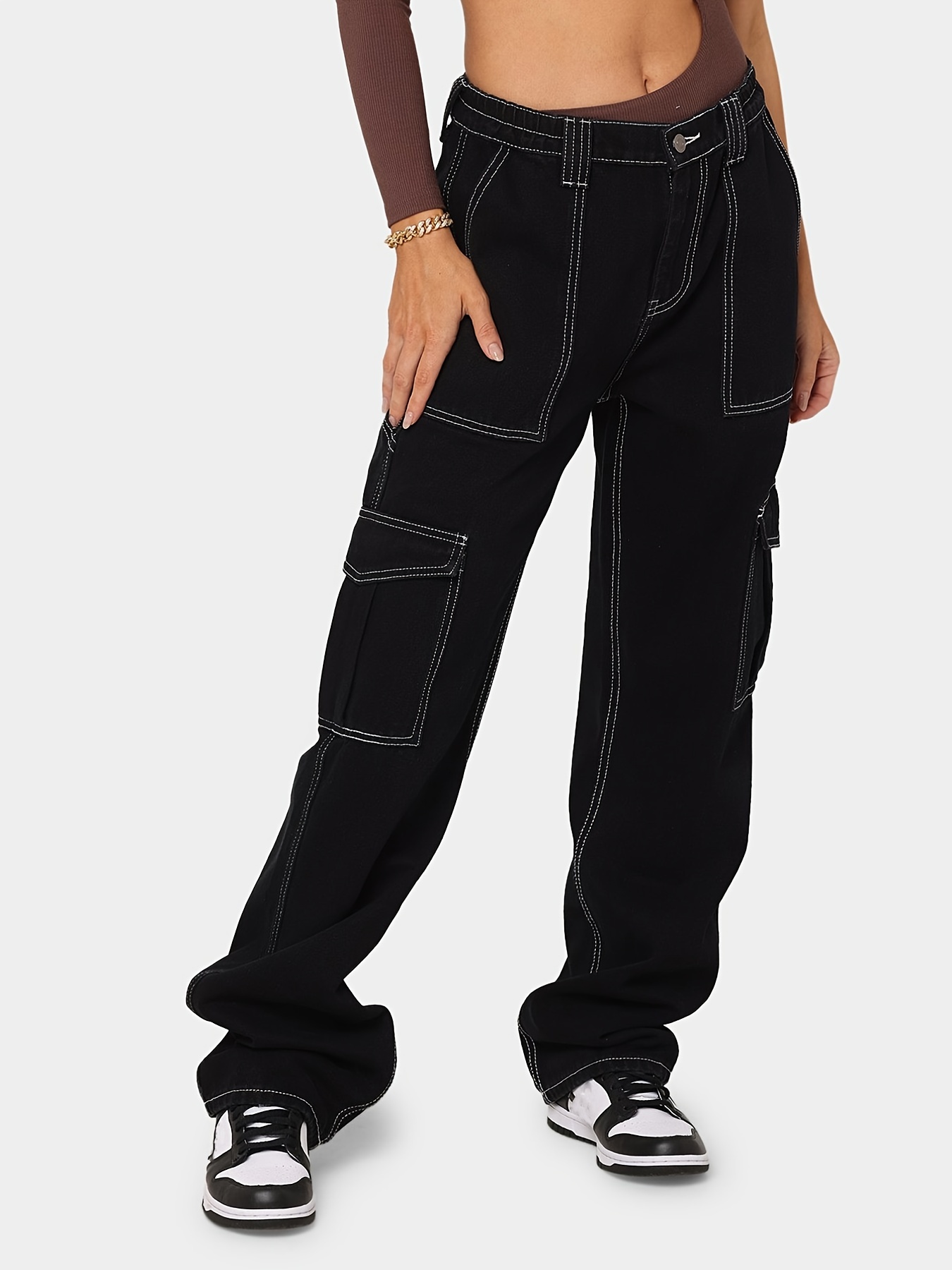 Black Flap Pockets Cargo Pants Loose Fit High Waist Straight - Temu