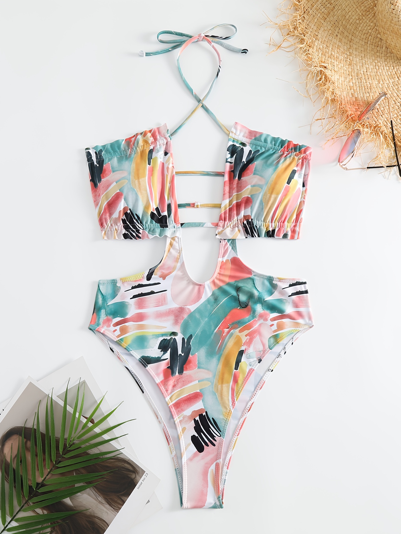 SheIn Women's 3 Piece Tropical Swimsuit Backless Halter Top High