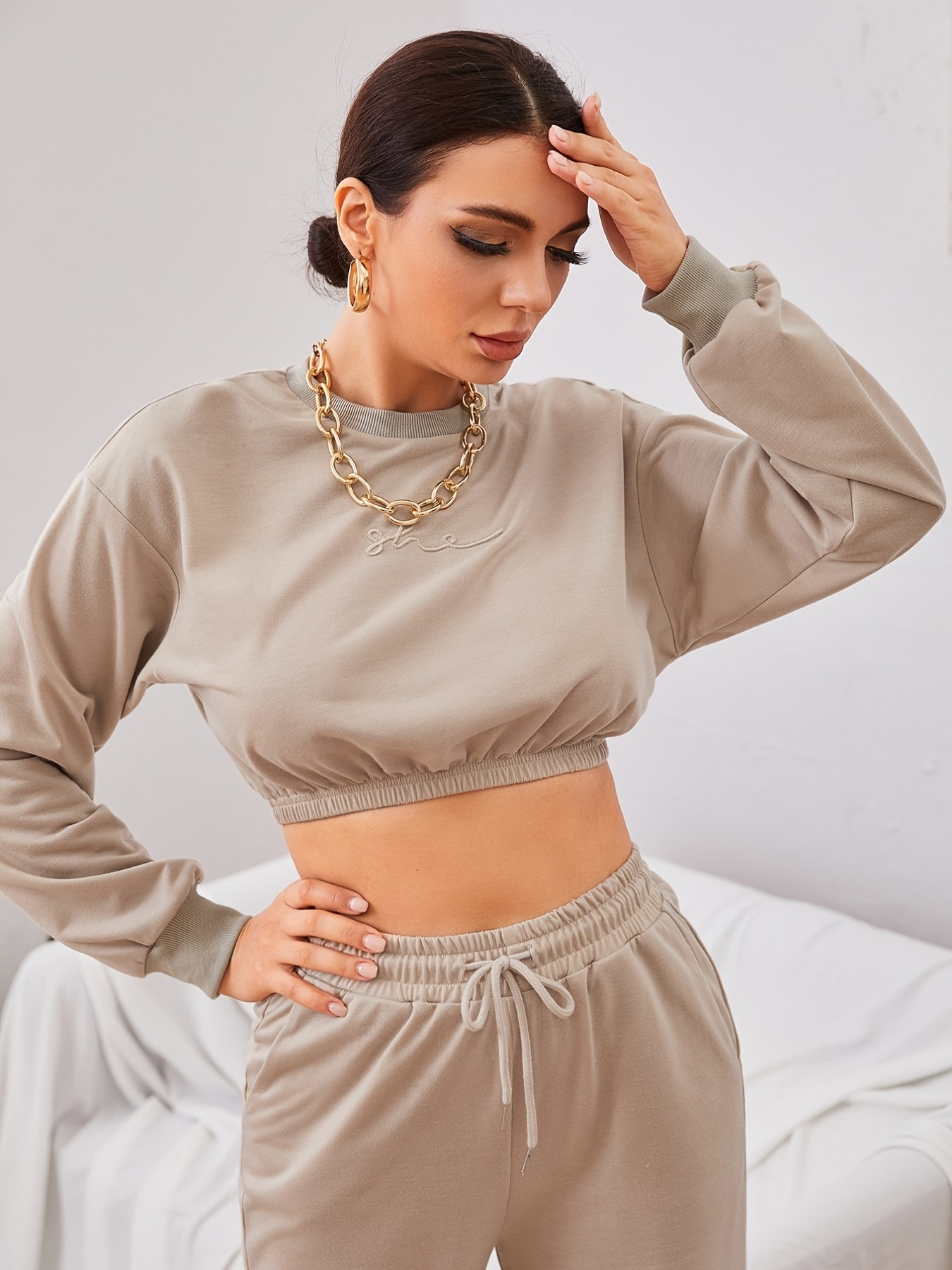 Casual Solid Two piece Set Crew Neck Long Sleeve Crop Top - Temu