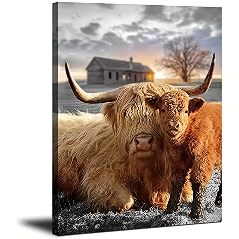 TEMU 2D 1pc Highland Cow Canvas Wall Art, Rustic Farmhouse Animal Print, Photo de vaches moelleuses en cadre en bois, Prêt à accrocher Décoration