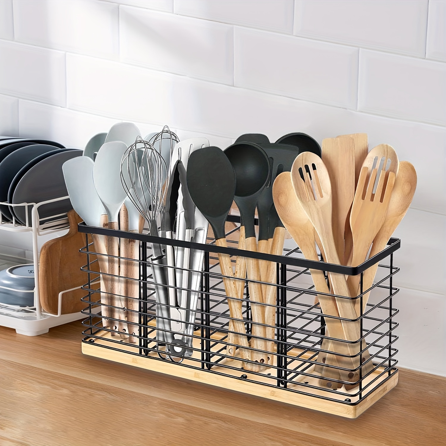 Oversized Kitchen Utensils Stand With 4 Compartments, Matte Black