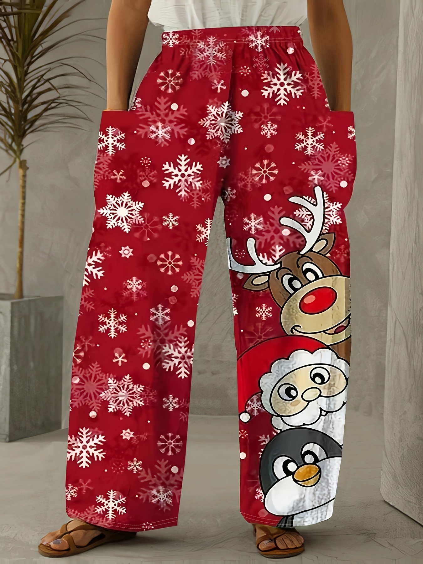 Christmas Print Wide Leg Pants, Casual Every Day Pants, Women's Clothing