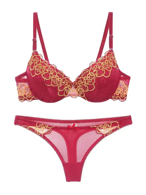 Women's Embroidered Lace Push Bra Panty Lingerie Set - Temu Germany