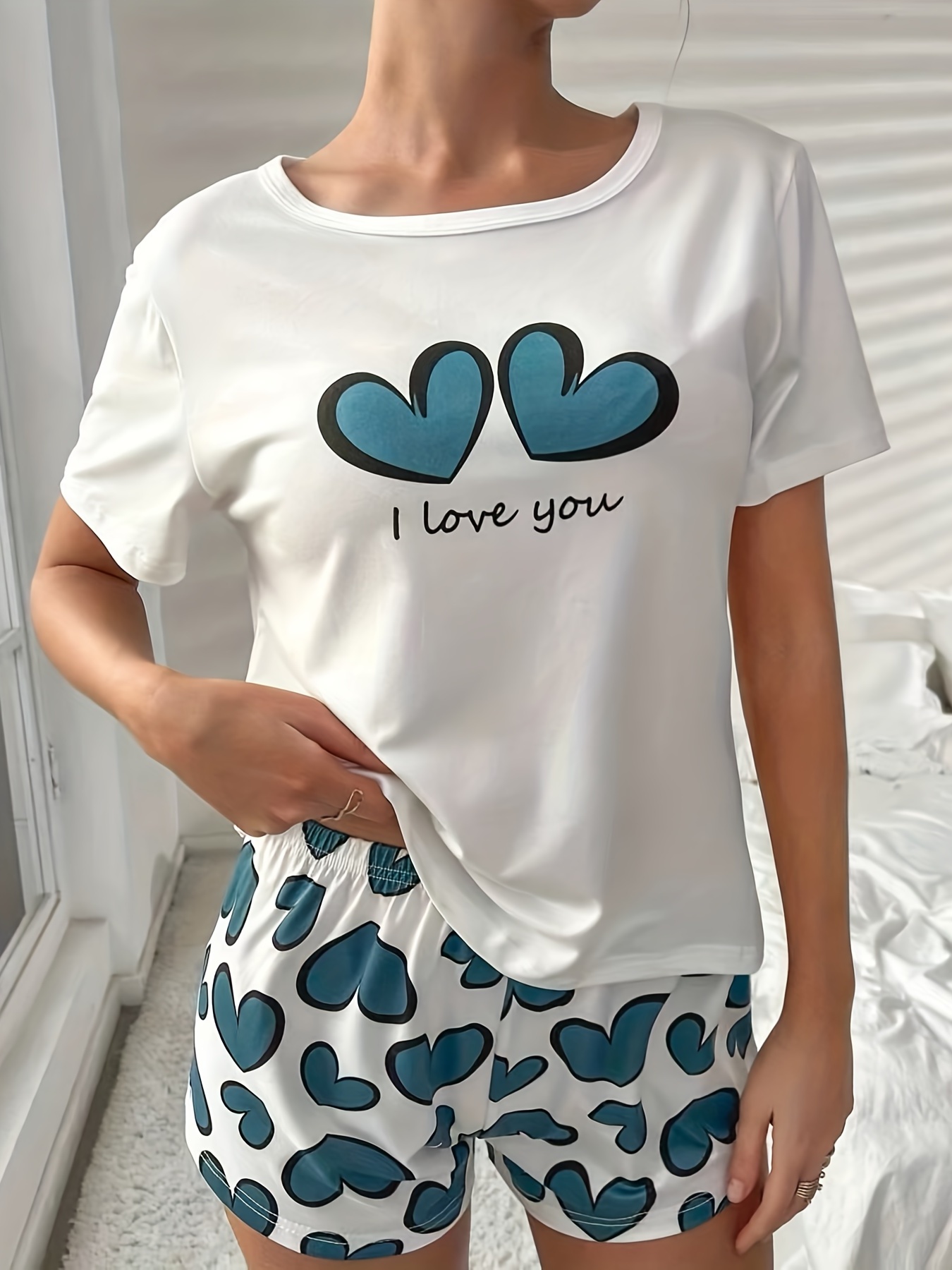 COZYEASE Women's Cute Pajama Set Heart Print Short Sleeve Round Neck Tee Top  and Pants Pajama Sets Sleepwear Soft Black XS at  Women's Clothing  store