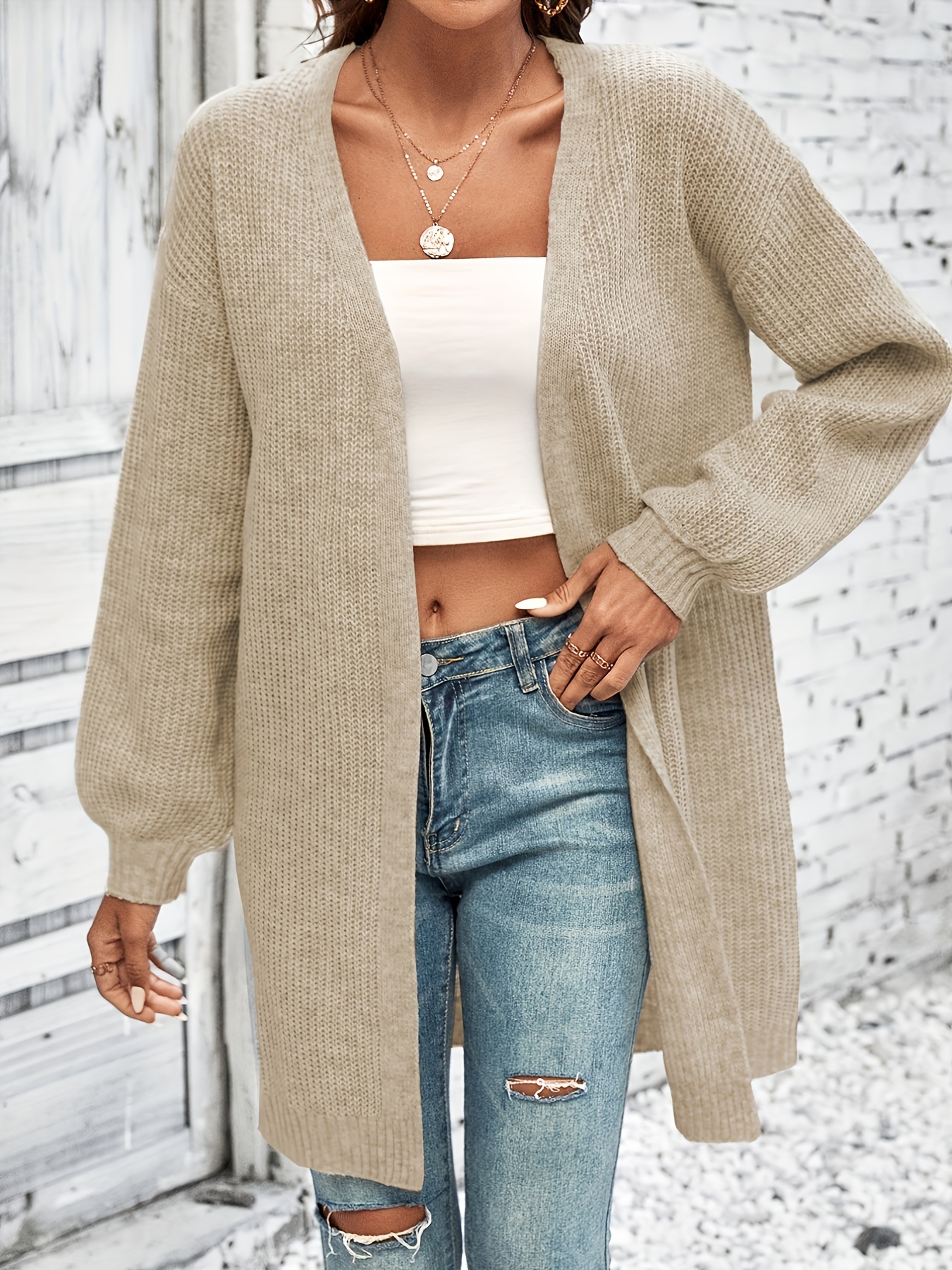 Solid Open Front Knit Cardigan, Casual Long Sleeve Loose Sweater, Women's  Clothing