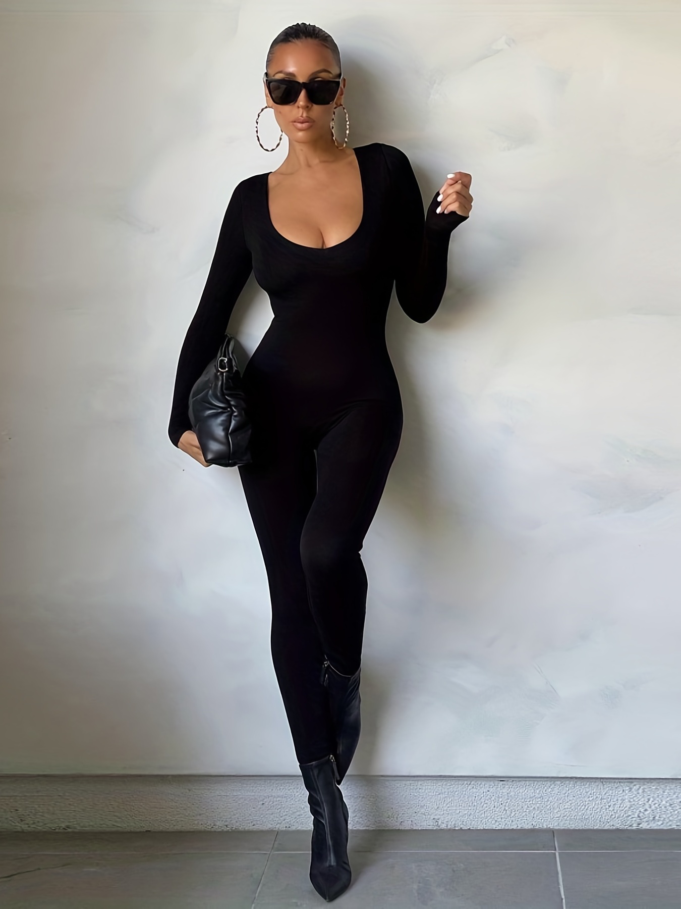 Solid U Neck Jumpsuit Casual Long Sleeve Bodycon Workout - Temu