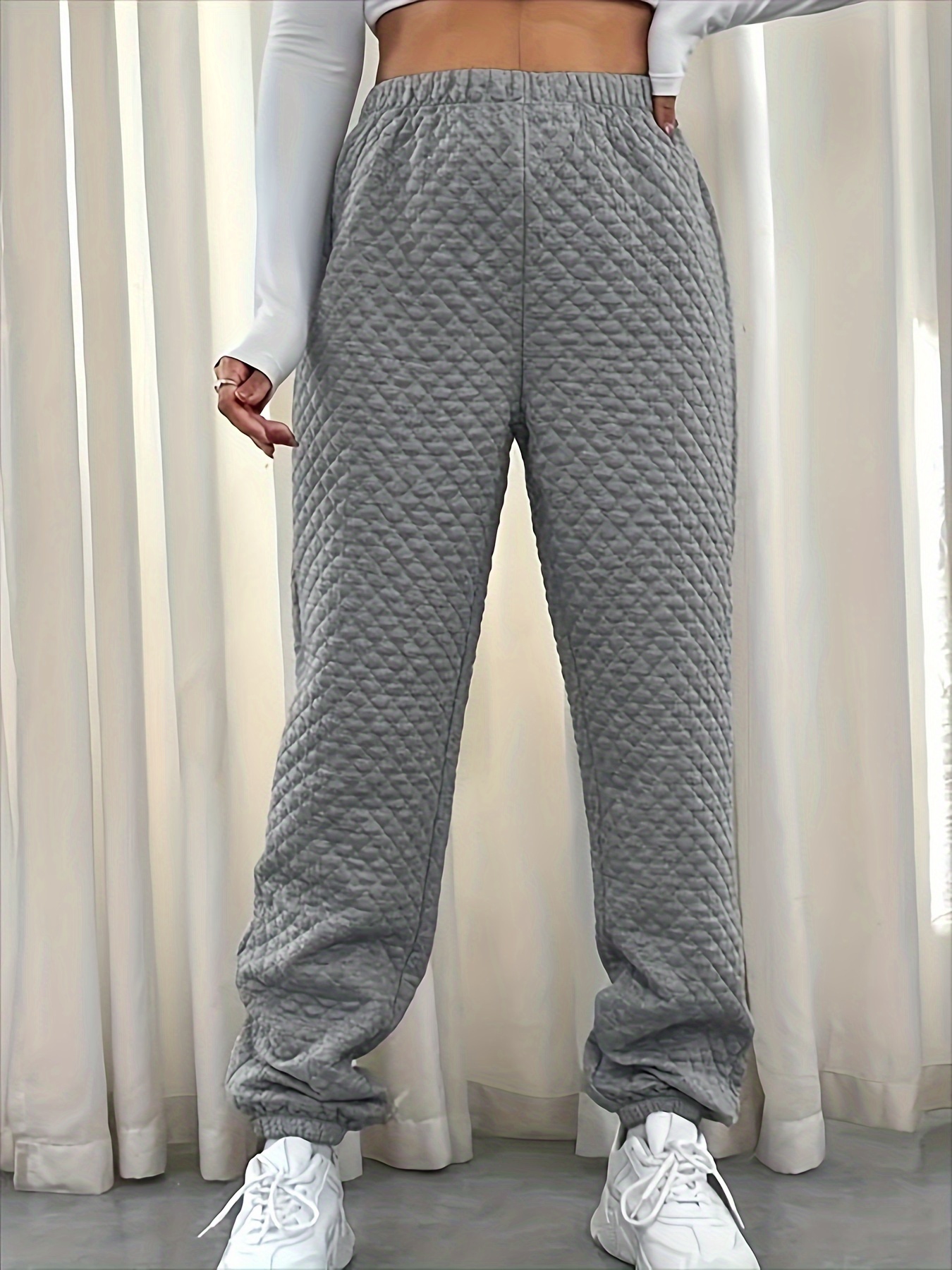 Plus Size Casual Pants, Women's Plus Solid Rhombus Quilted Elastic High  Rise Joggers