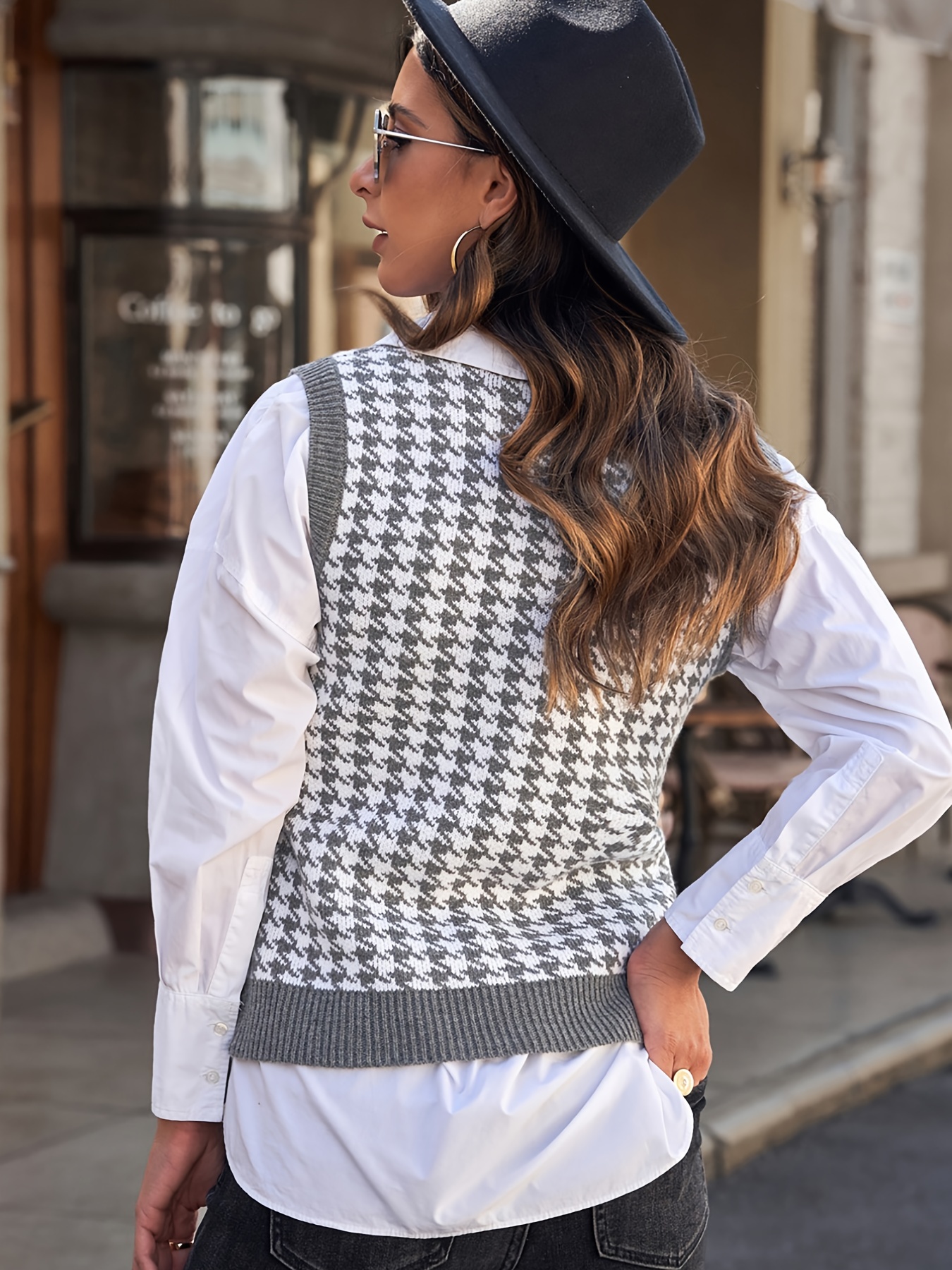 Houndstooth V Neck Sweater Vest, Sleeveless Casual Sweater For