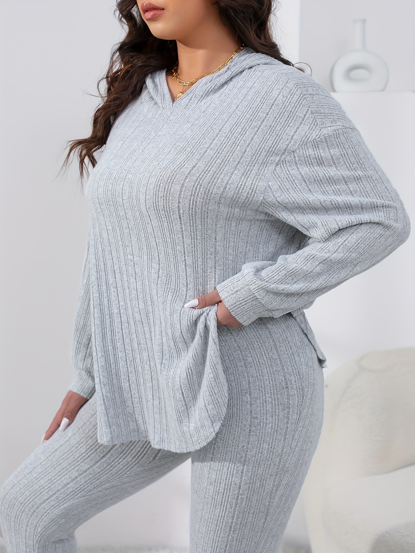 plus size casual outfit set womens plus solid long sleeve curve hem ribbed knit hoodie leggings outfits two piece set details 1
