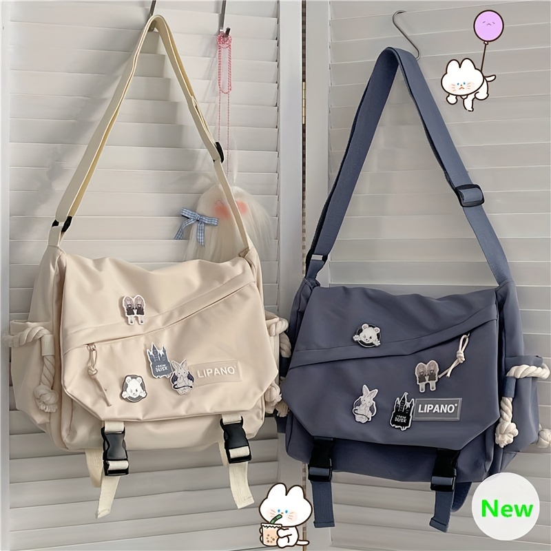 

Kawaii Pins Decor Messenger Bag, Release Buckle Decor Flap Crossbody Bag, Large Capacity School Bag