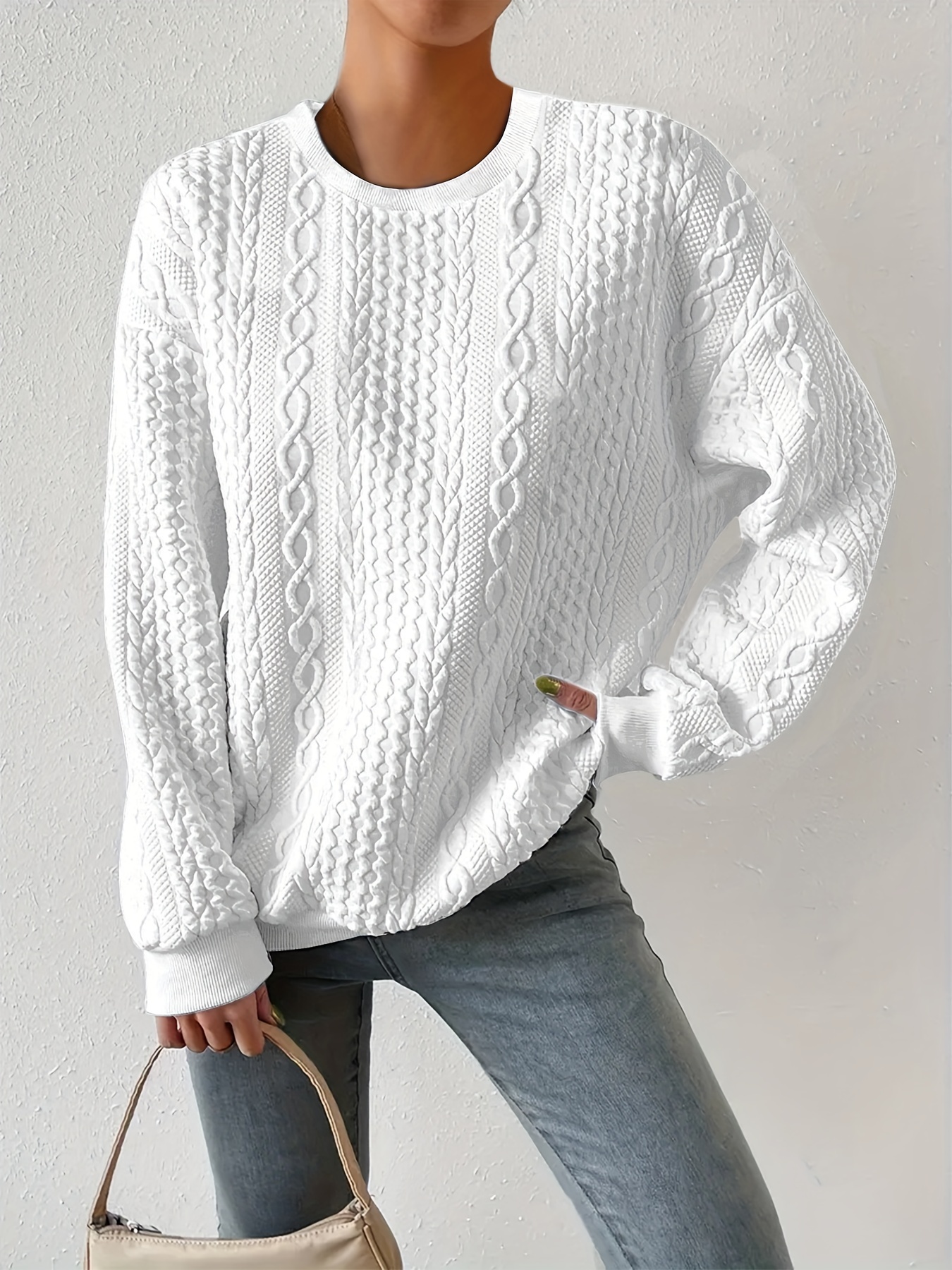 Solid Cable Knit Sweater Casual Crew Neck Long Sleeve - Temu Canada