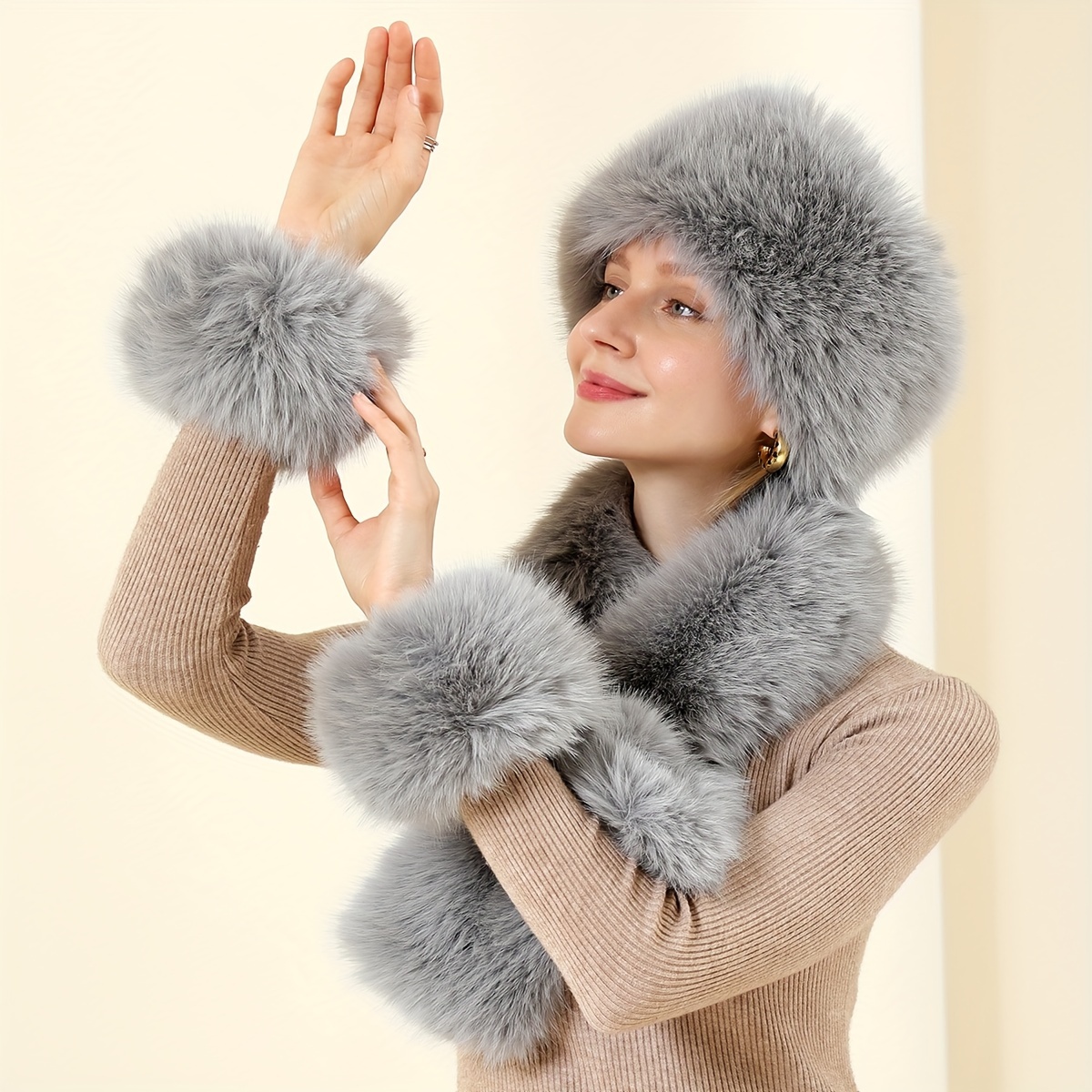 Winter Scarf Cuffs Headband Set Solid Color Faux Fur Plush - Temu