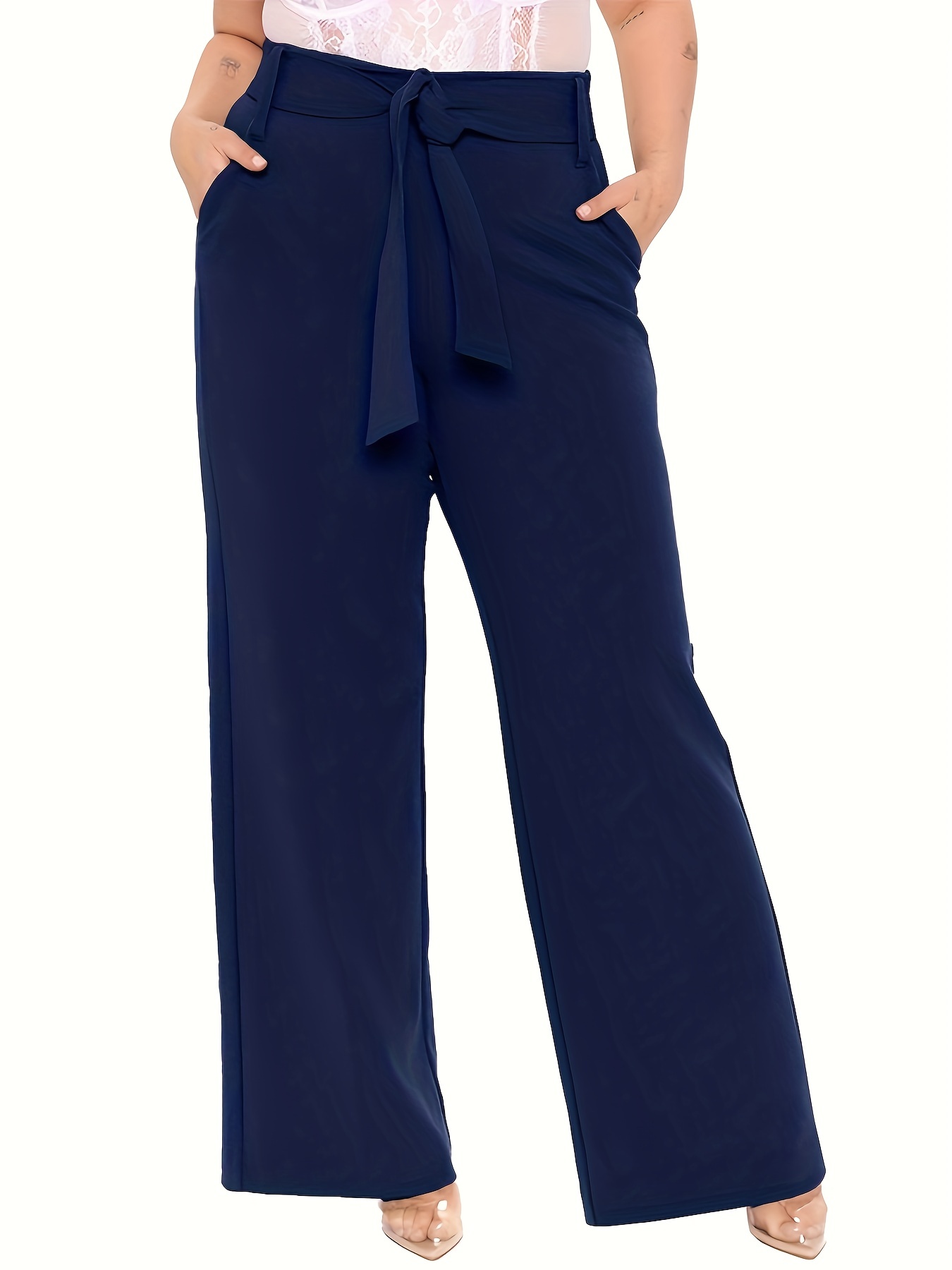 Plus Size Basic Suit Pants, Women's Plus Solid Button Fly High Rise Medium  Stretch Workwear Tailored Pants