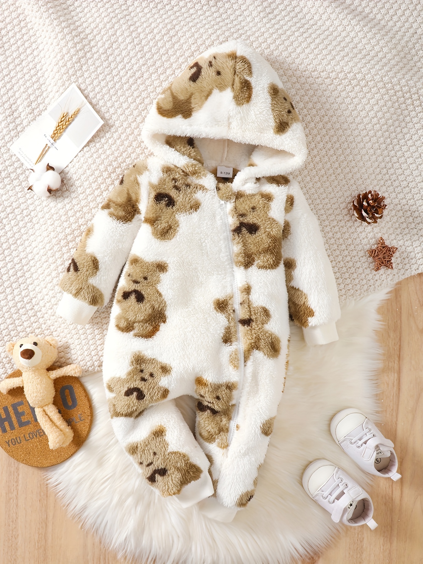 Combinaison pour bébé - Vêtement pour fille - Combinaison de jeu -  Combinaison en polaire - Vêtement d'hiver - Avec capuche - Oreilles d'ours  