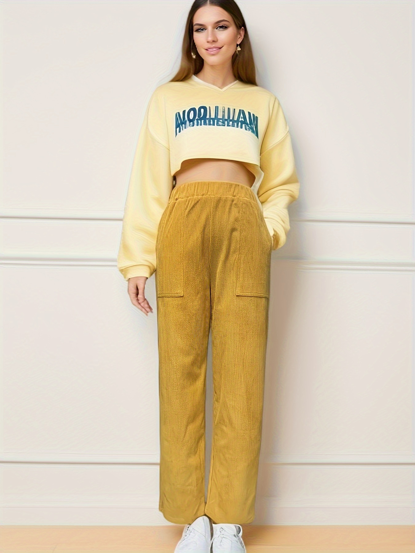 Clearance Loose Sweatpants Women's Fashion Casual Solid Elastic Waist  Trousers Long Straight Pants Yellow M