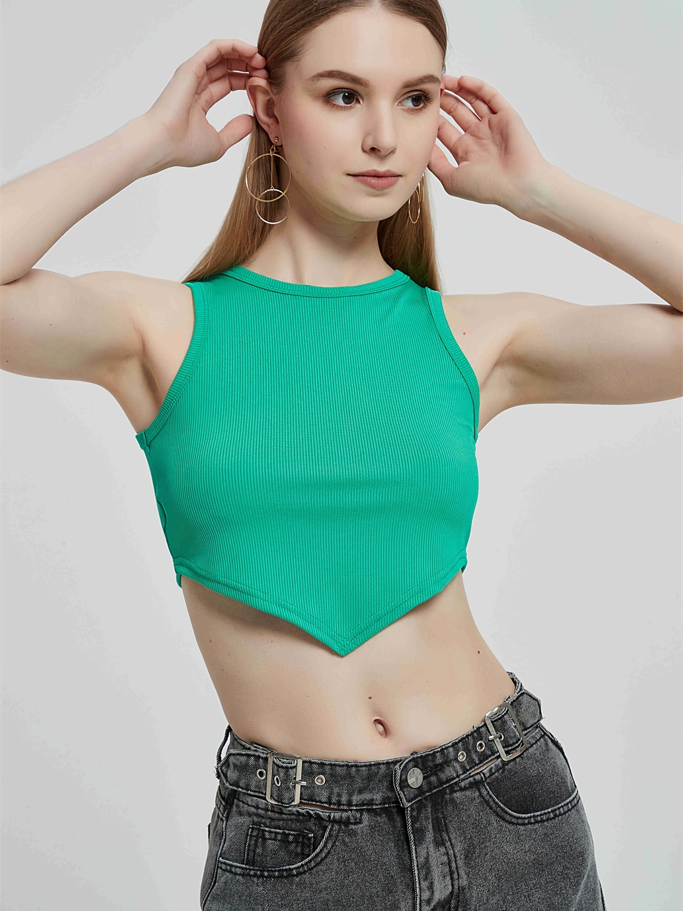 Womens Ribbed High Neck Crop Tank Top M/L Green Racerback Padded