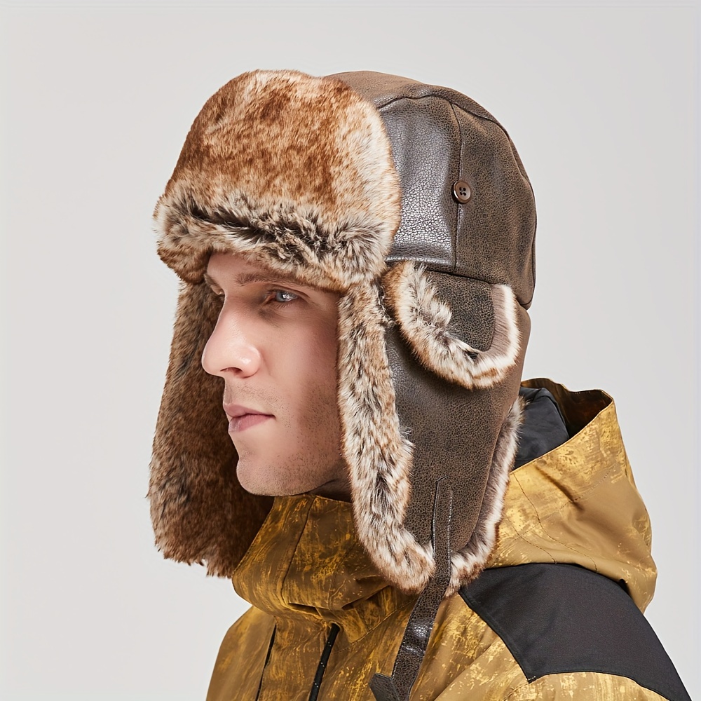 1pc Winter Bomber Hats For Men, Ear Flap Pu Leather Faux Fur Trapper Hat,  Ideal choice for Gifts