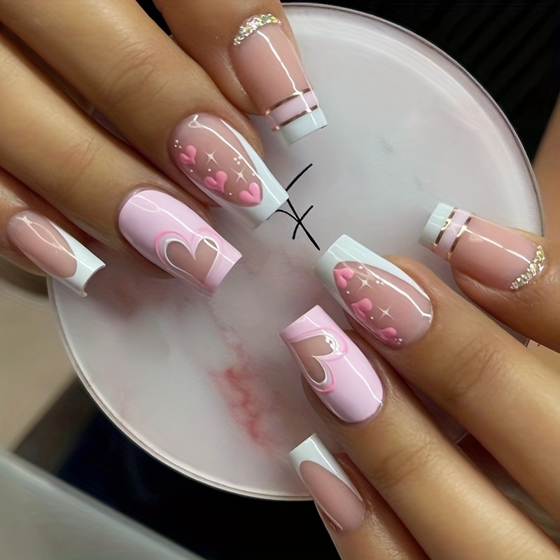 24pcs Pink Valentine's Day Nail Art French Wearing White Edge Love Glitter  Press On Nails Ins Fake Nail Full Cover False Nail - AliExpress