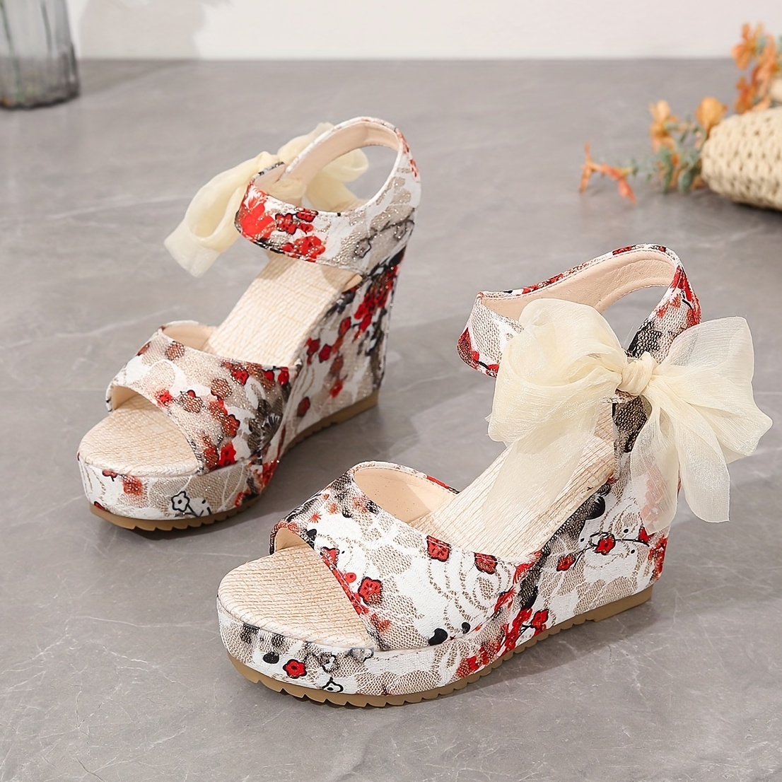 Women's Floral Print Wedge Sandals Stylish Ribbon Details - Temu