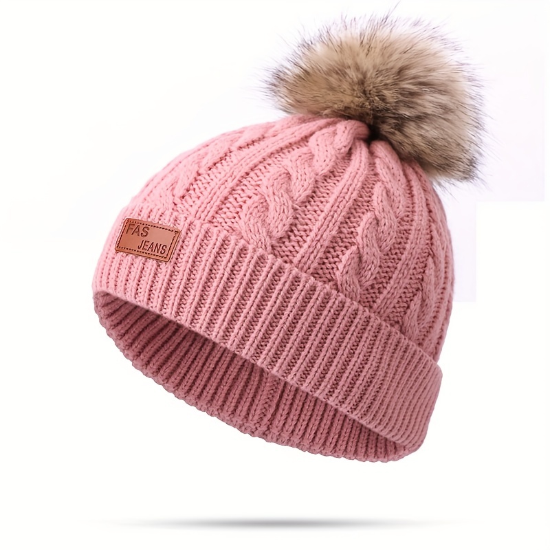 

Women's Versatile Solid Color Ear Protection Warm Fur Ball Knitted Hat, Comfortable Windproof Travel Brimless Hat