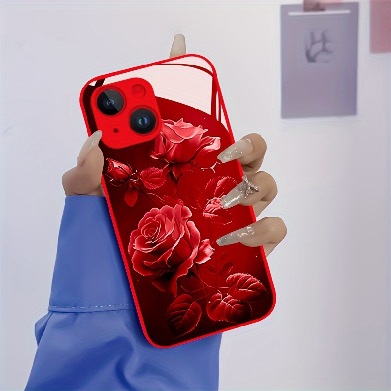 

Creative And Stylish Female Red Rose Pattern Phone Case Suitable For 15, 14, 13, 12, 11 X/xs Xr Xs Pro Max Plus Red Metallic Paint, Silicone Glass Straight Edge, New All-around Protective Case