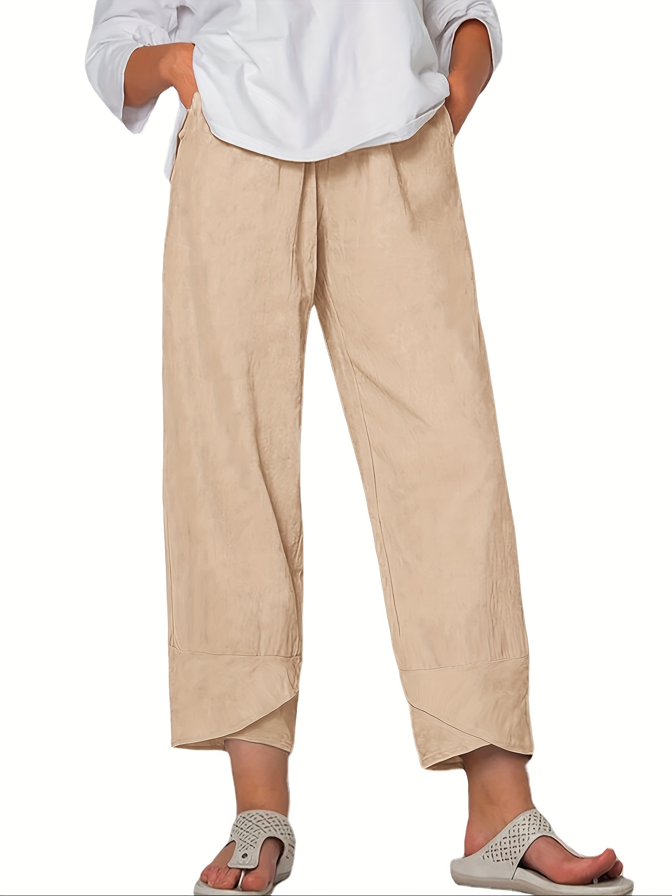 TOPINCN Women Elastic Waist Drawstring Closure Large Pockets Baggy Pants  Casual Trousers for Daily Sports Traveling (S) Beige at  Women's  Clothing store