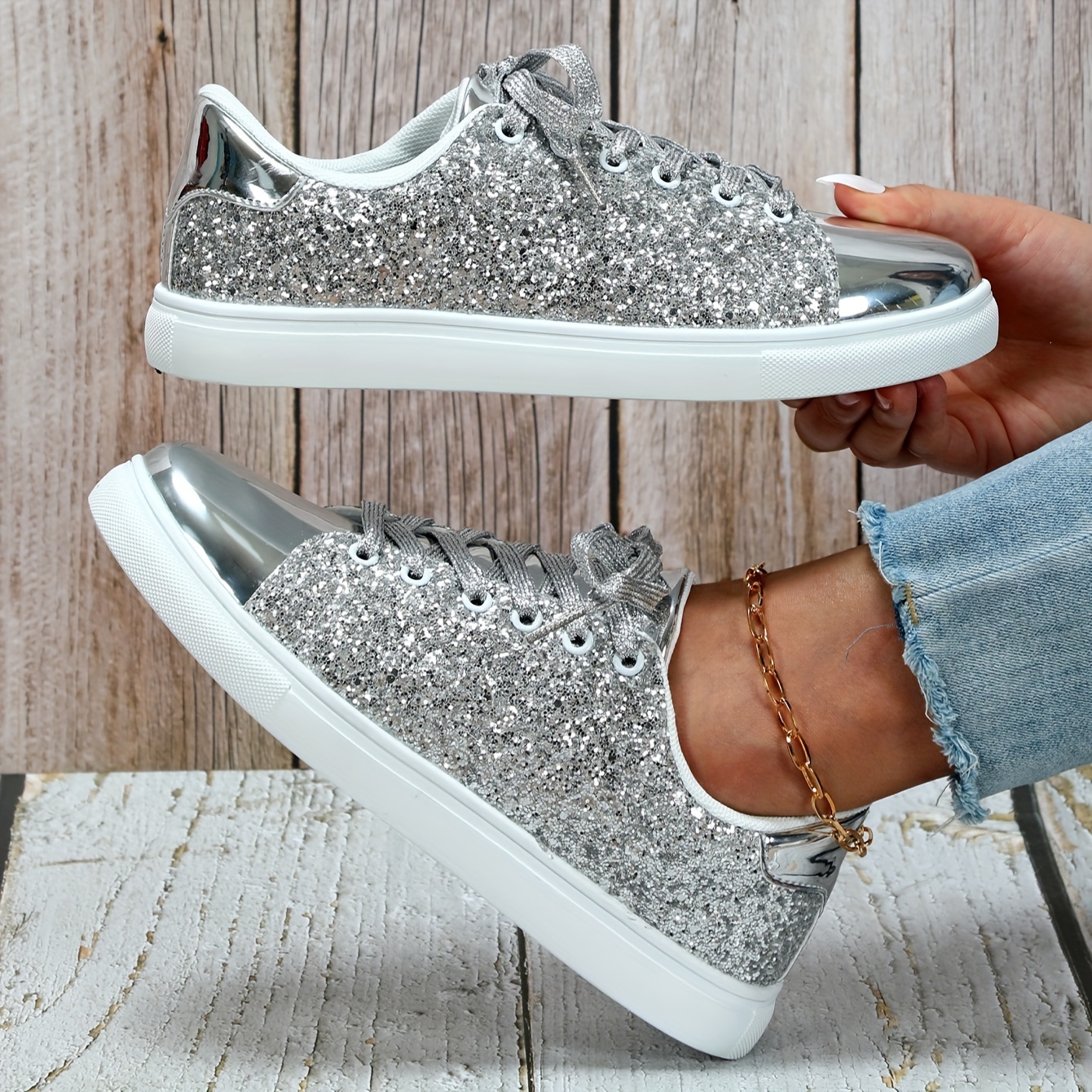 Women's Glitter Sequin Running Shoes Lace Up Thick Sole - Temu