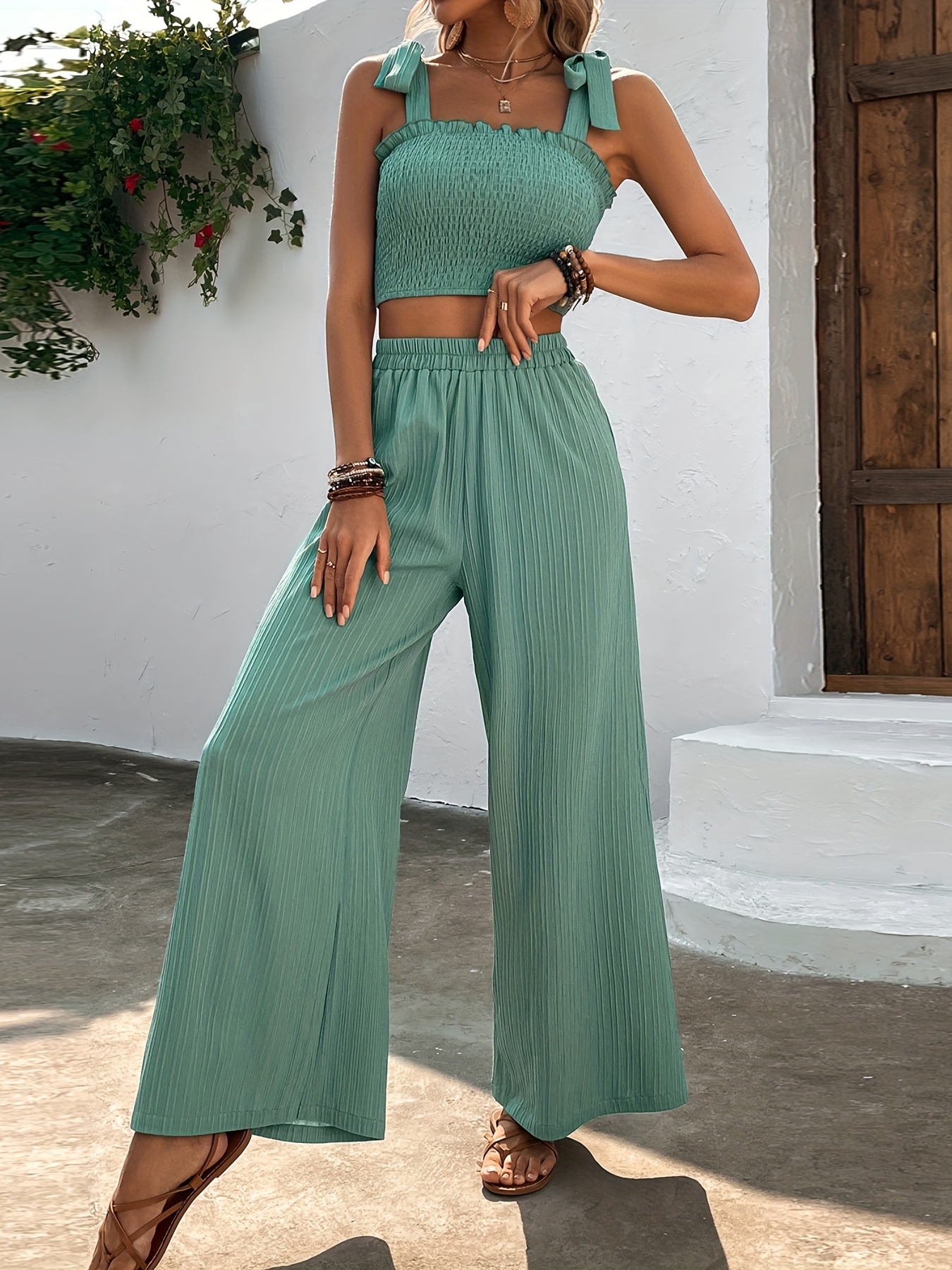 Solid Matching Two piece Set Casual Eyelet Tank Top Wide Leg - Temu