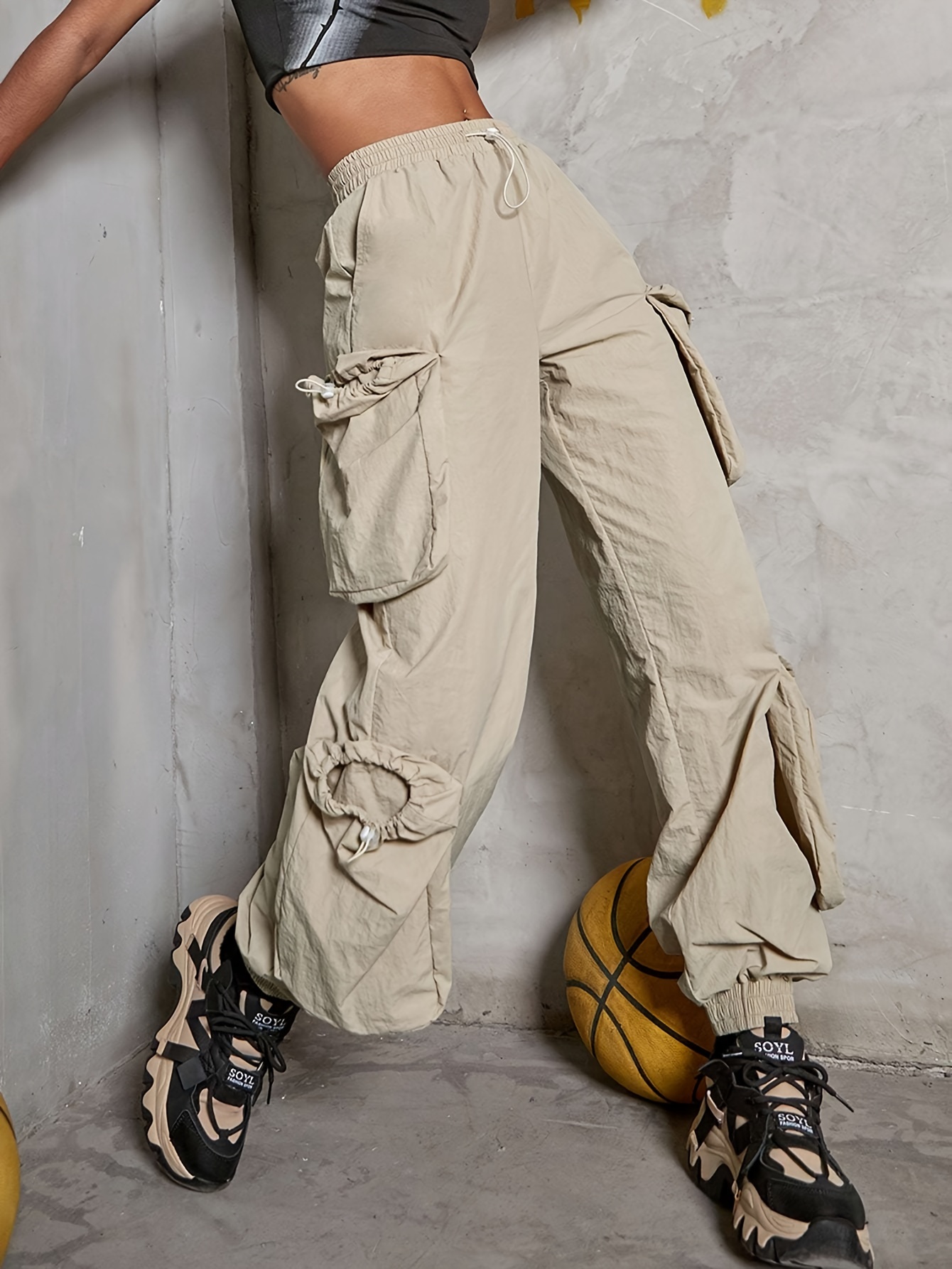 Y2k Drawstring Cargo Pants Elastic Waist Baggy Pants Pockets - Temu