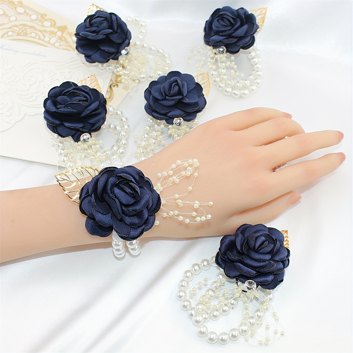 4 Pcs Wrist Corsage Flower Decor Prom Corsages Leaf Shape Elasticity  Wristlet Bridegroom Bridesmaid