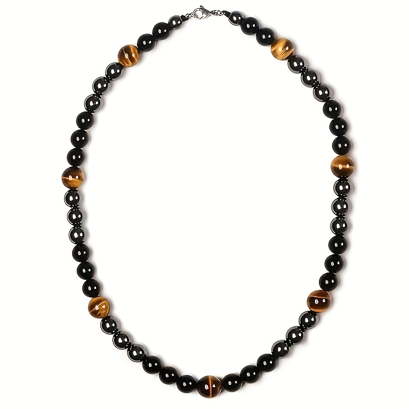 

New Tiger Eye Stone Necklace String Bead Black Gallstone Triple Protection Pendant Retro Men's Jewelry
