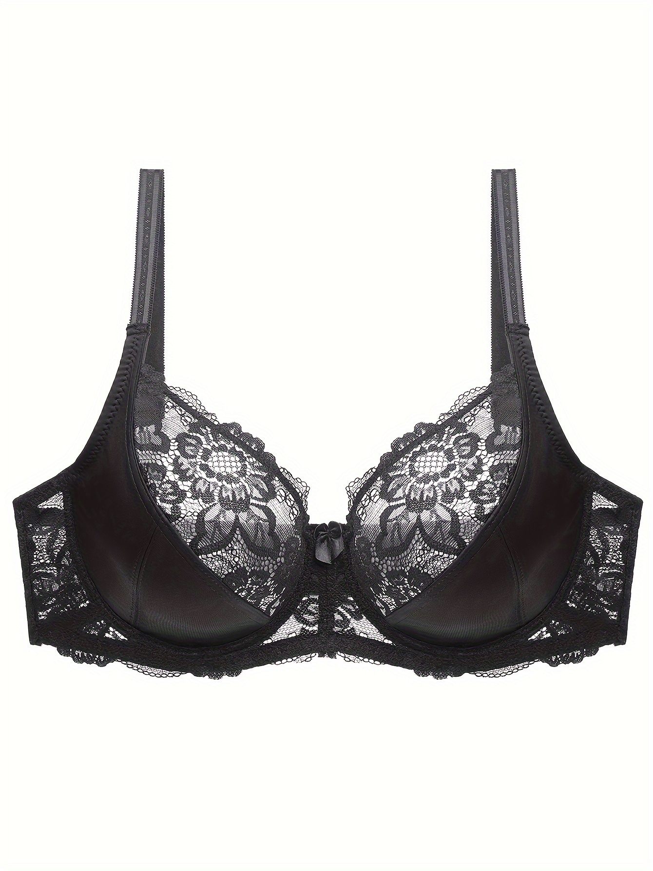 Elegant Plus Size Lace Bralette with Bow Detail, Polyamide Blend, Medium Stretch, Solid Color, Knit Fabric, Underwire Support, No Padding