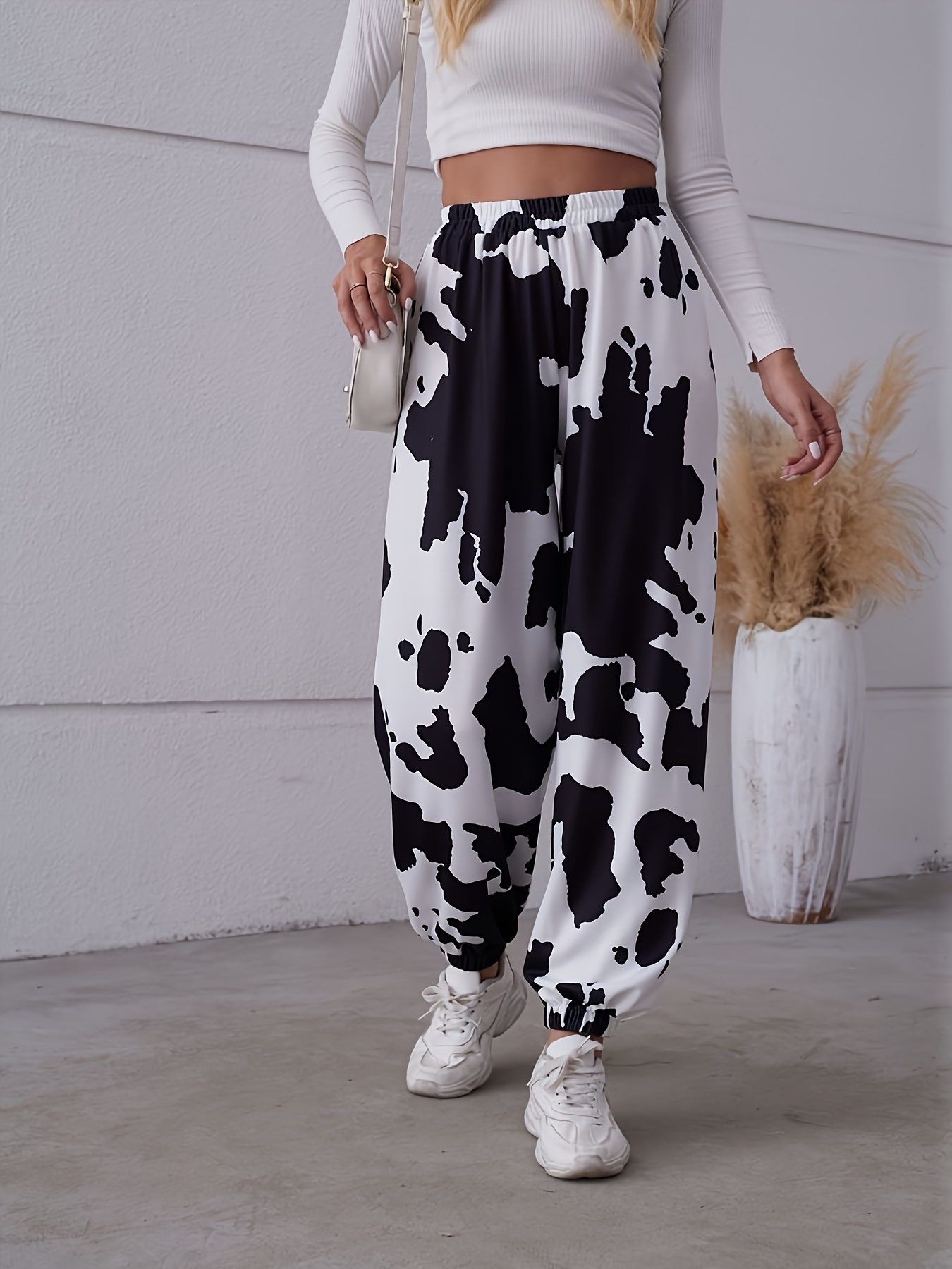 Cow Print Baggy Jogger Pants, Cute Elastic Waist Pants, Women's Clothing