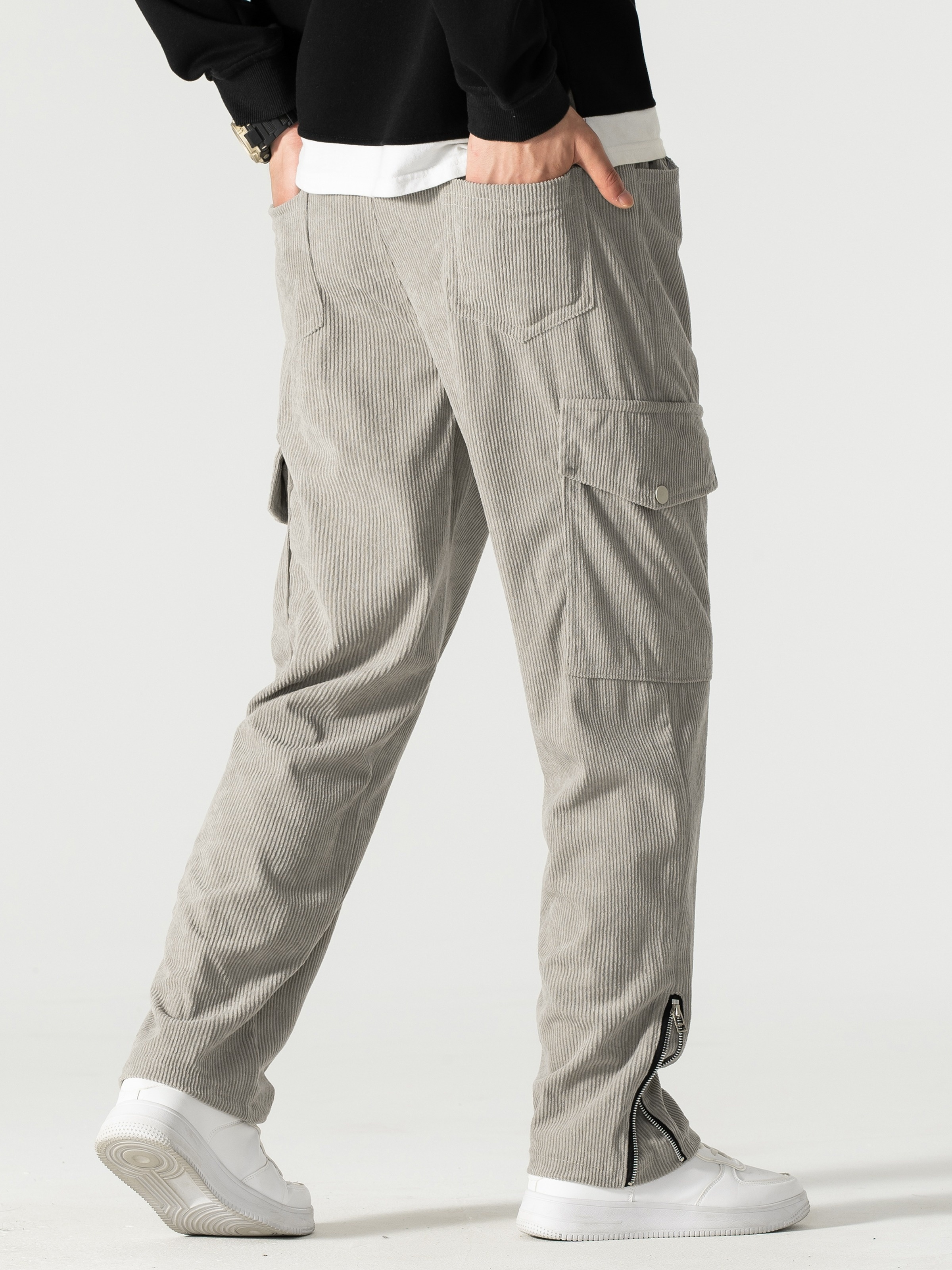 Zipper Design Men's Corduroy Cargo Pants Flap Pockets Comfy - Temu