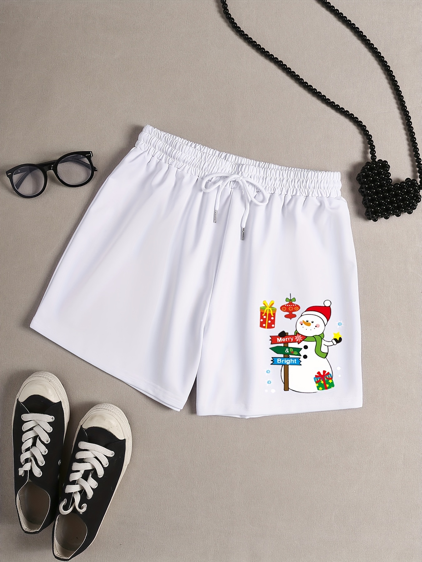 Women's Plus Snowman Print Drawstring Elastic Waist Shorts
