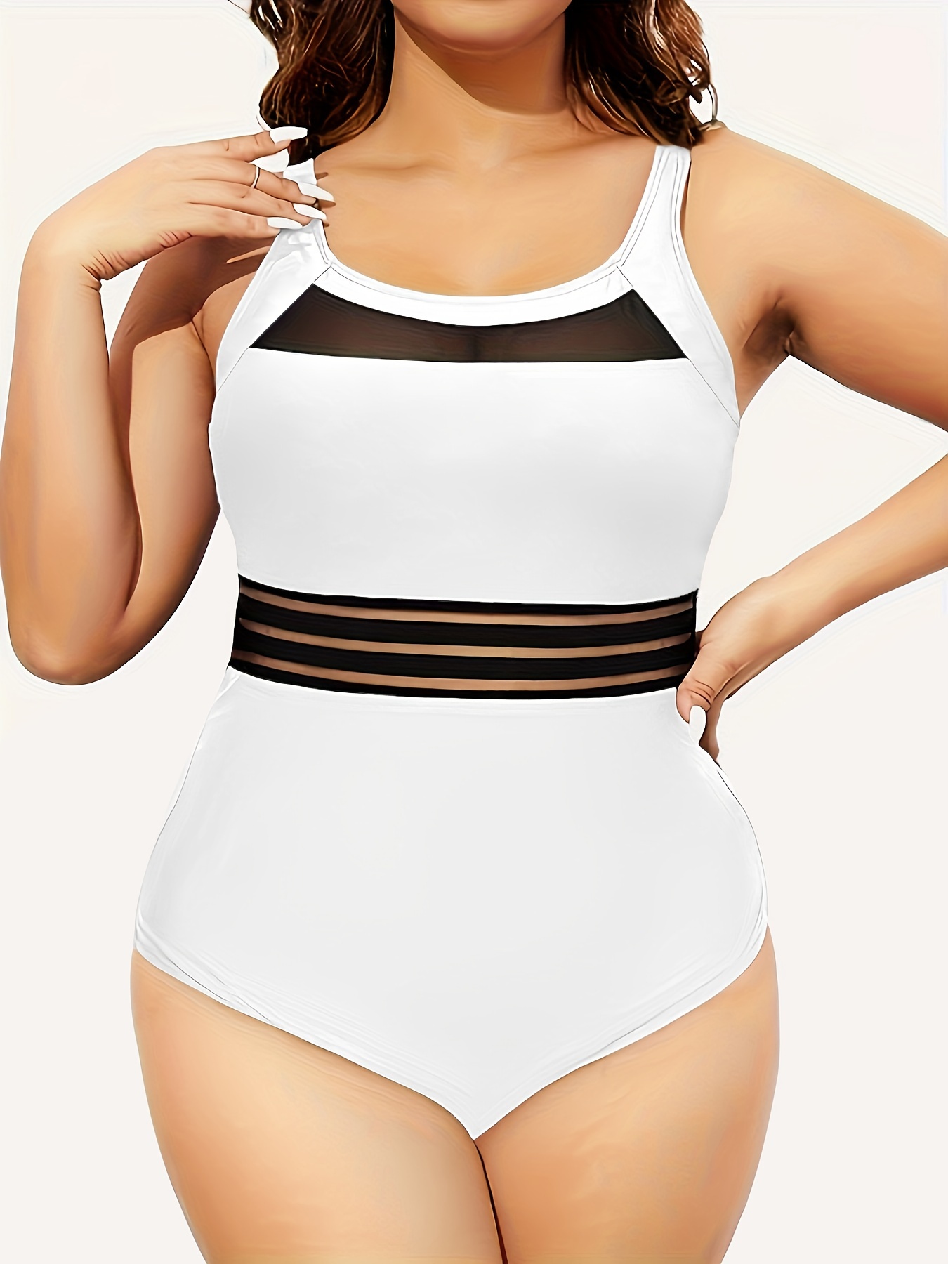 Plus Size Vacay Swimsuit Women's Plus Contrast Mesh Striped - Temu Canada