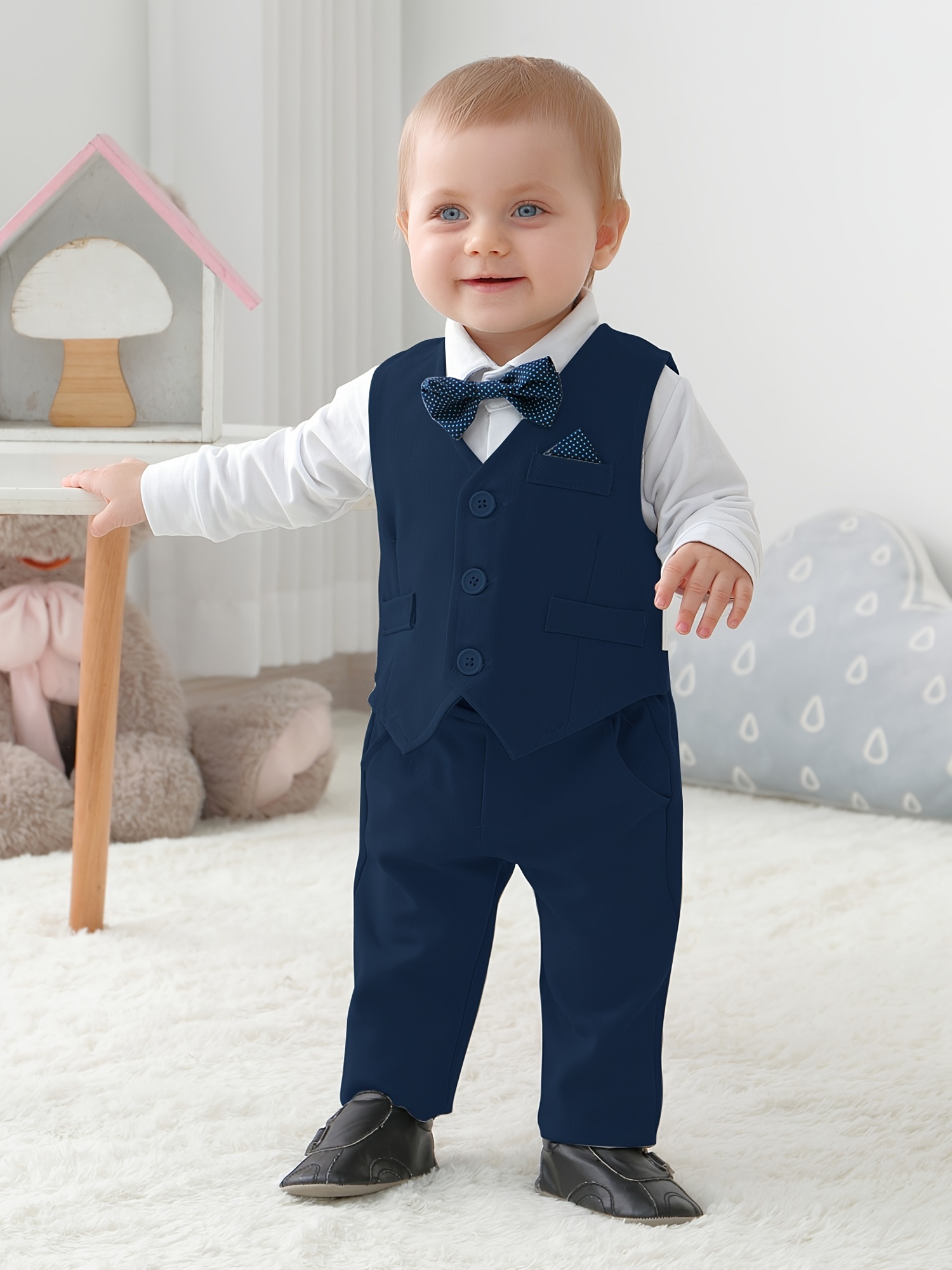 Baby Boy Bow Tie Design White Short-sleeve Splicing Plaid Jumpsuit