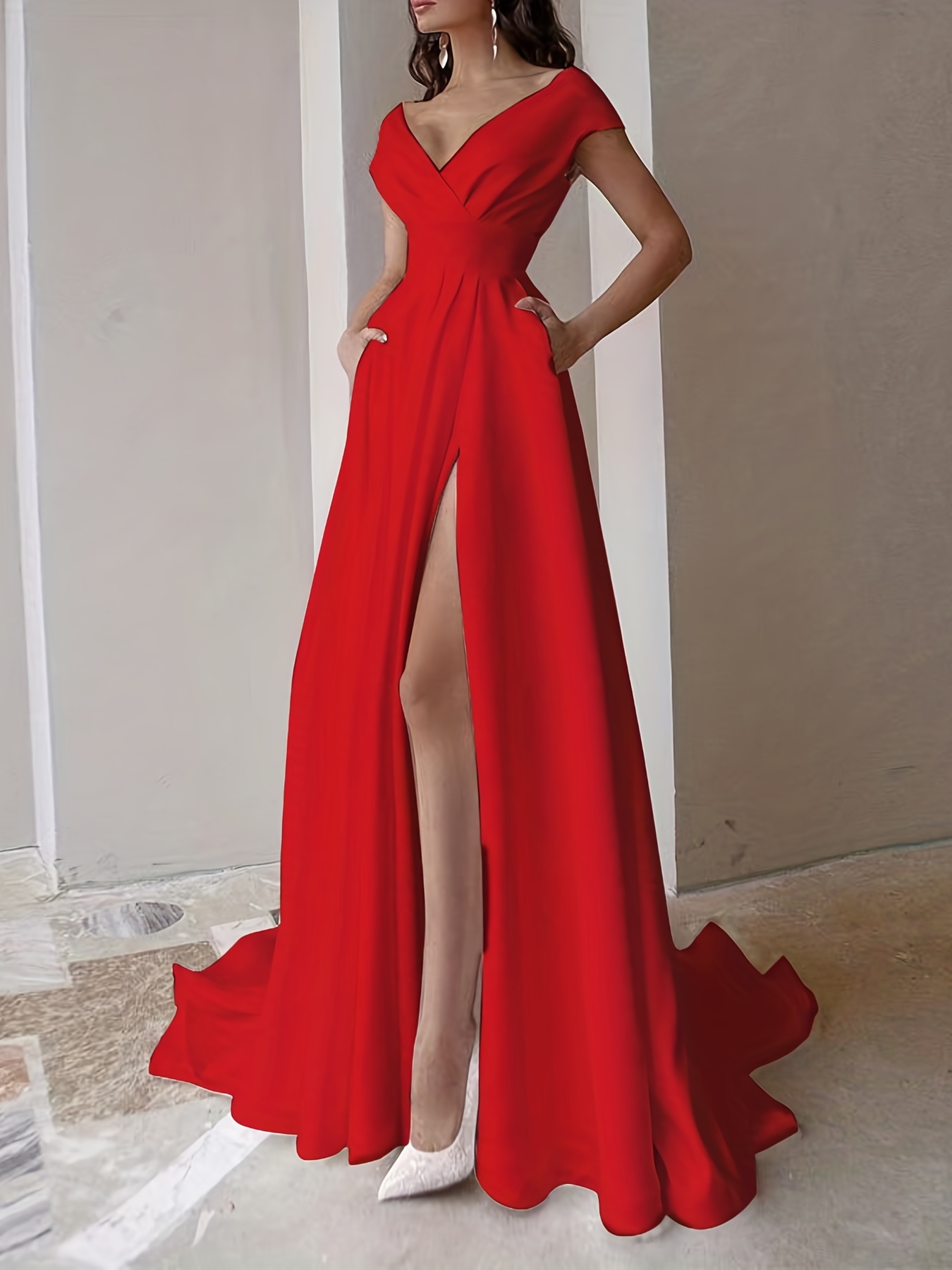 Vestidos femininos Vestidos vermelhos lisos com acabamento - Temu Portugal