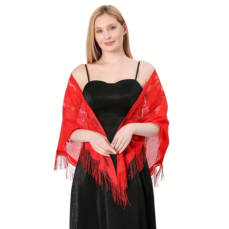 

Solid Color Lace Triangle Shawl Thin Breathable Hollow Out Tassel Scarf Elegant Style Dress Shawl For Women