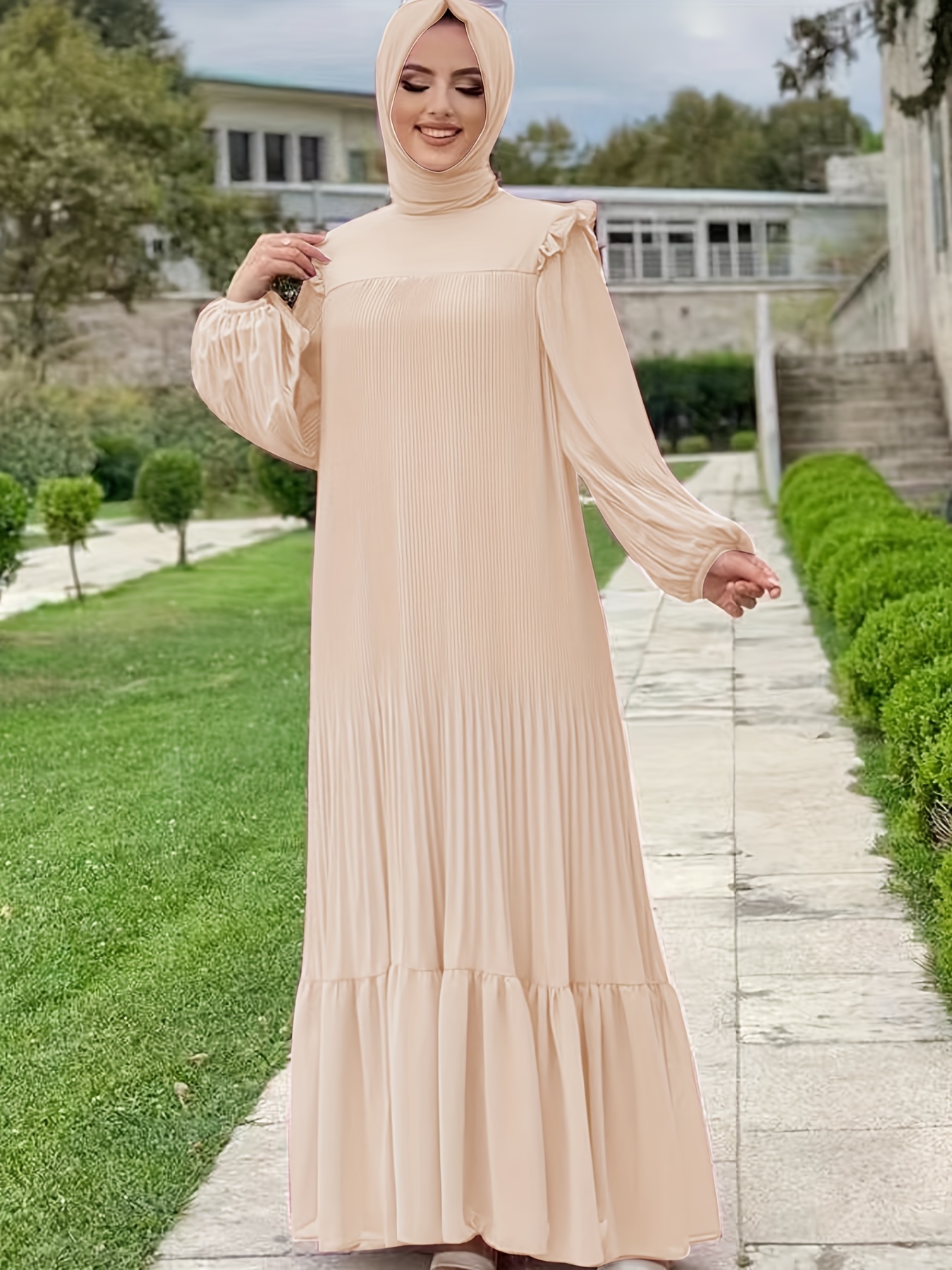 womens middle eastern muslim solid color pleated dress - Temu