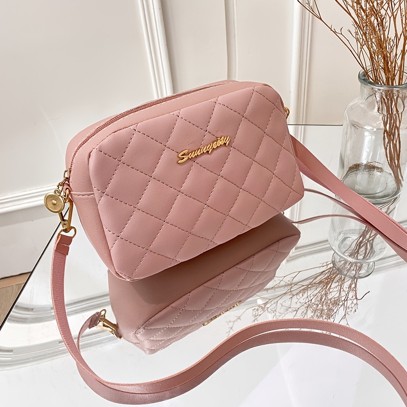 Argyle Quilted Pink Handbag Metal Decor Crossbody Bag Women's