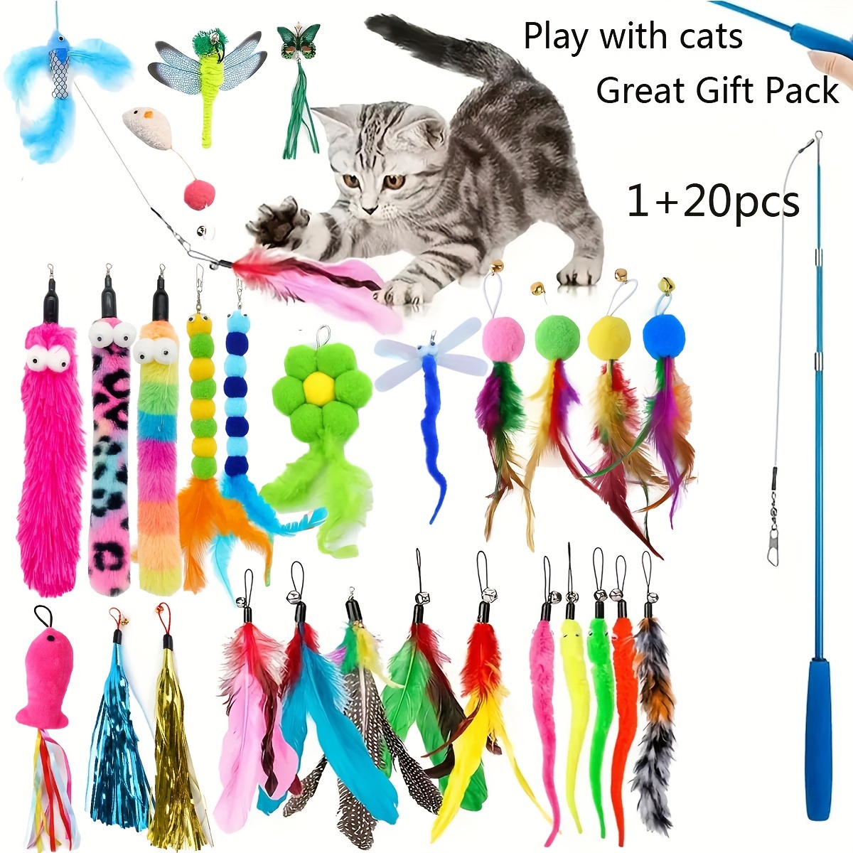 Cat Feather Toy, Interactive Cat Toy 2 Funny Cat Retractable Wands And 10  Replacement Feathers With Bells