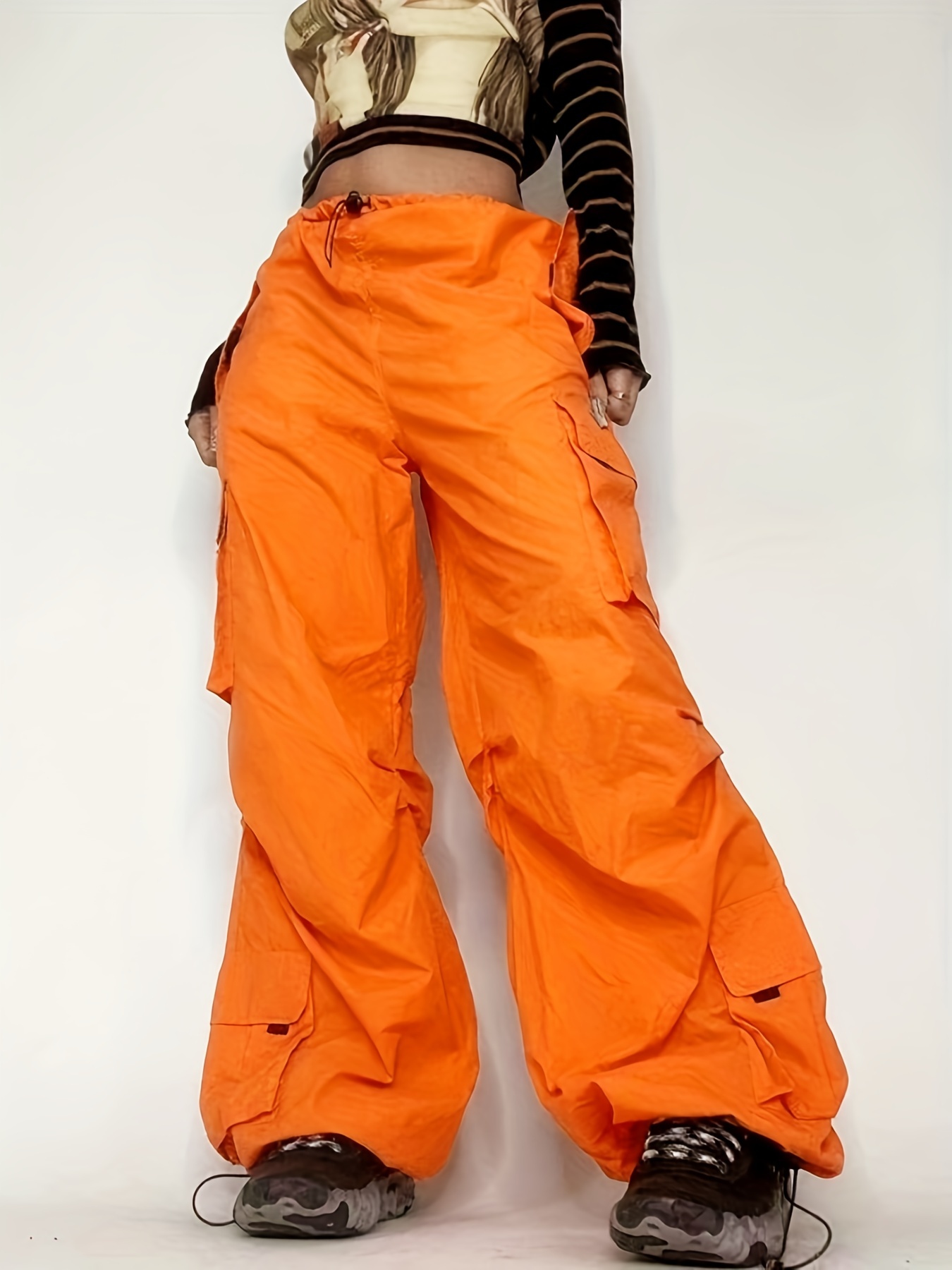 Y2K Low Waist Parachute Cargo Pants, Solid Drawstring Baggy Pants With  Pockets, Women's Clothing