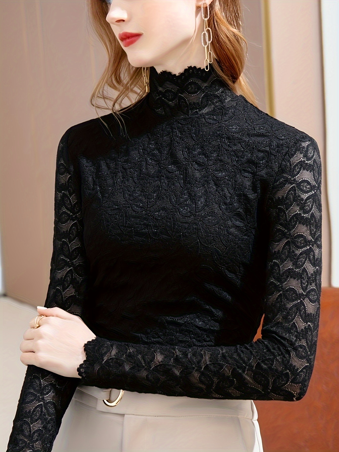 Camiseta de manga larga con encaje y cuello redondo color Negro para Mujer