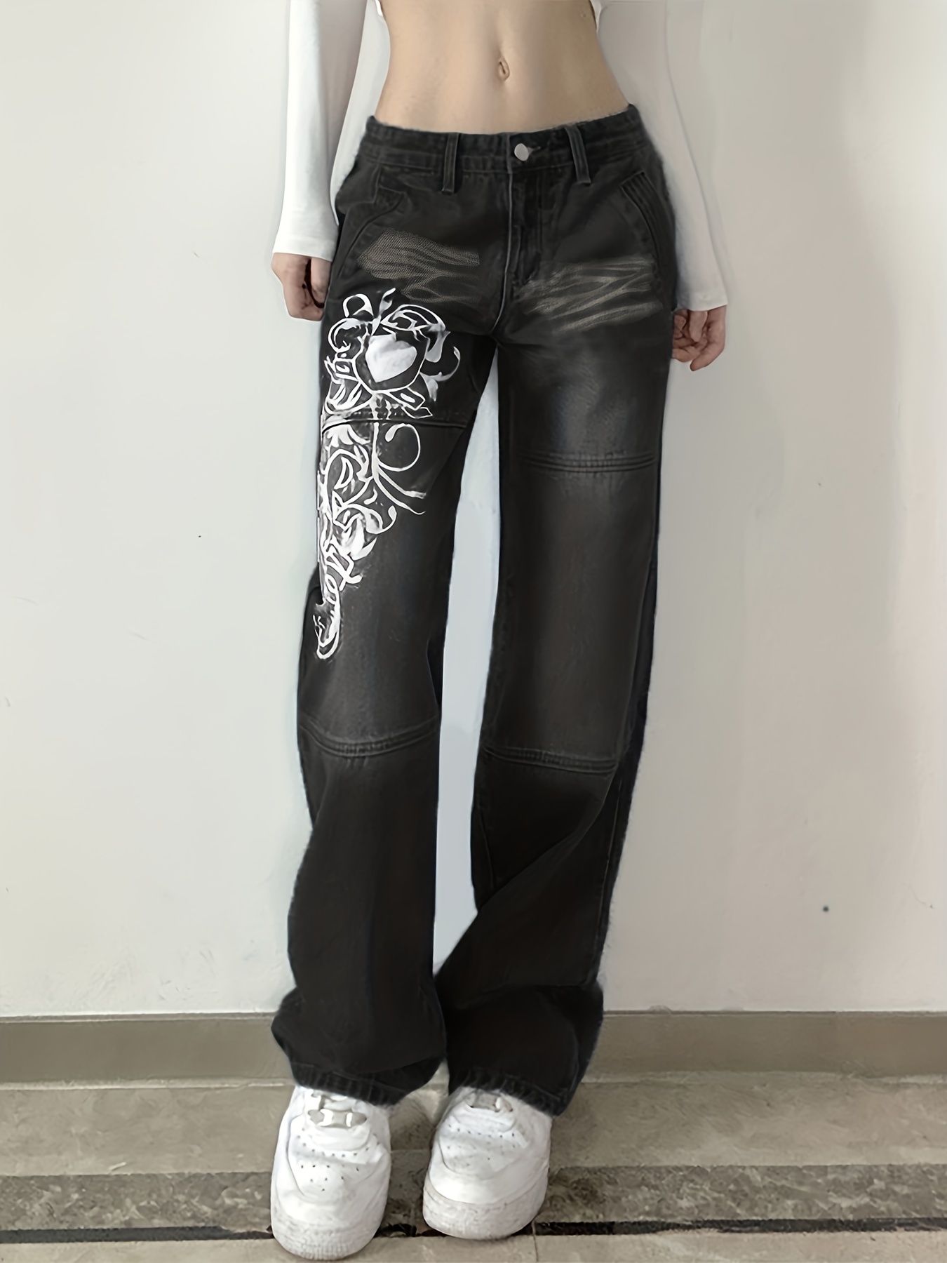 Cute Hearts Graphic Jeans For Young Girls, Pull-on Casual Straight Denim  Pants For All Seasons