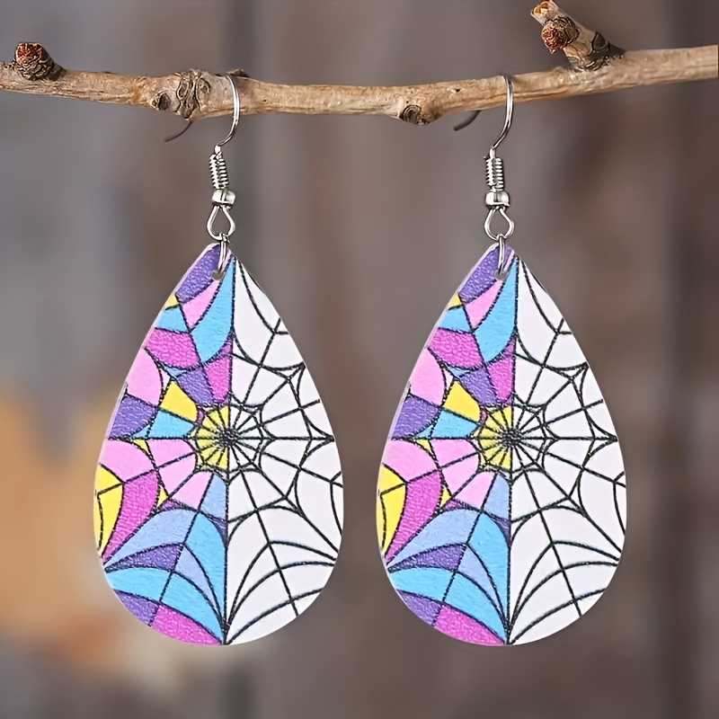 Multicolor Leather Spider Web Teardrop Earrings