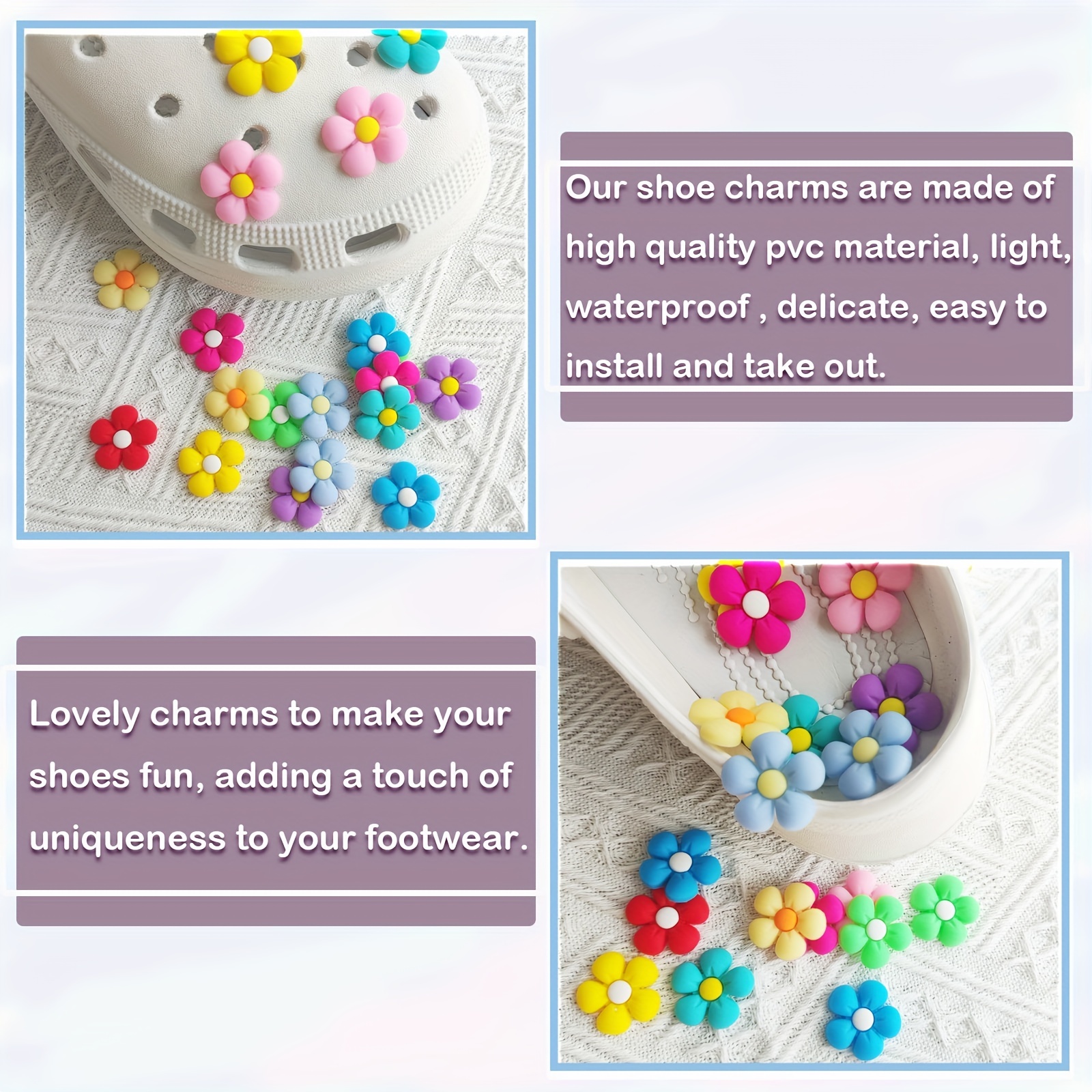 NEVEGE Flower Shoe Charms for Girls Cute Designer Shoe Charms for Adults Teens Kids Preppy Shoe Decoration Charms with Buttons for Clog Sandals