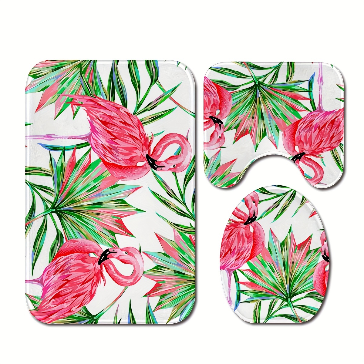 

3pcs/set Tropical Rainforest Leaves Flamingo Printed Floor Mat, Three-piece Bathroom Mat Set, Non-slip Mat, Water-absorbent Mat, Toilet Lid Mat, Toilet U-shaped Mat, Floor Rugs