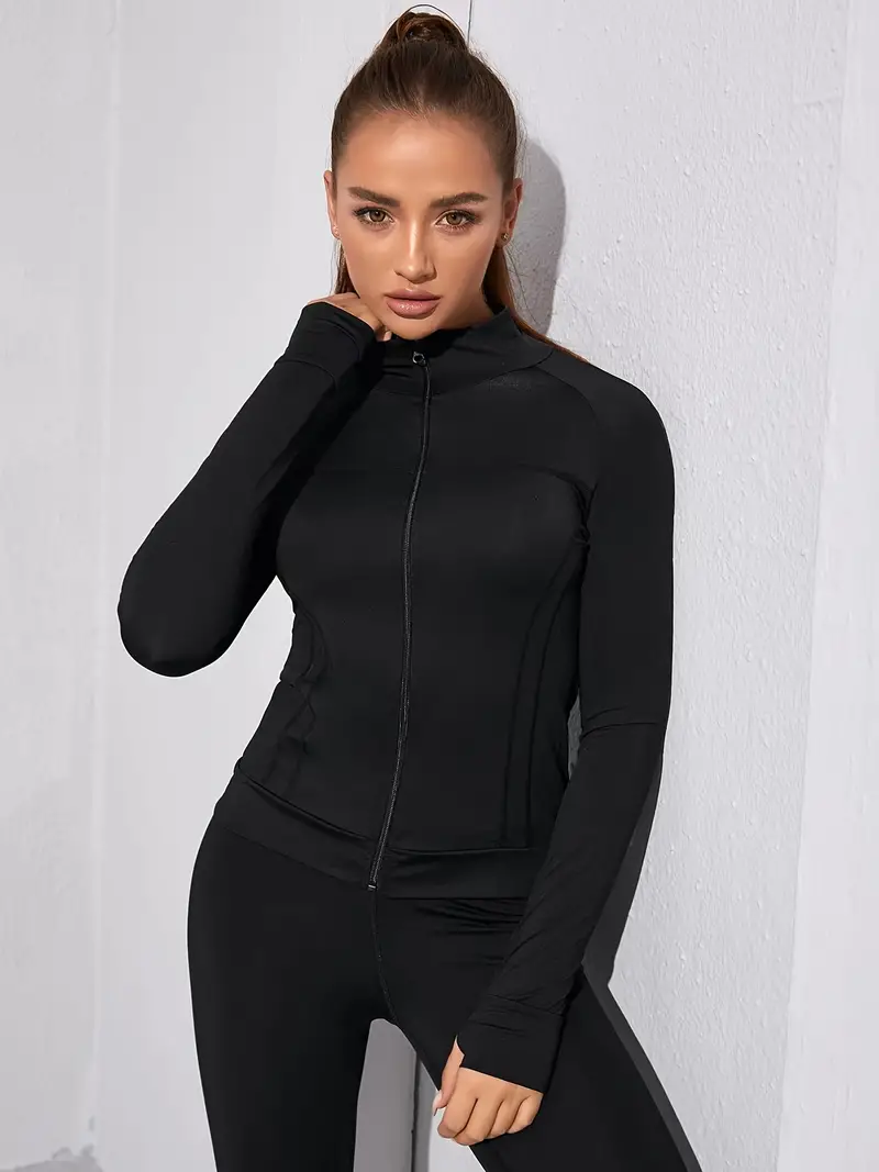 Black Full Zipper Long Sleeve Sports Jacket, Stretchy Thumb Hole Running  Gym Athletic Top, Women's Activewear